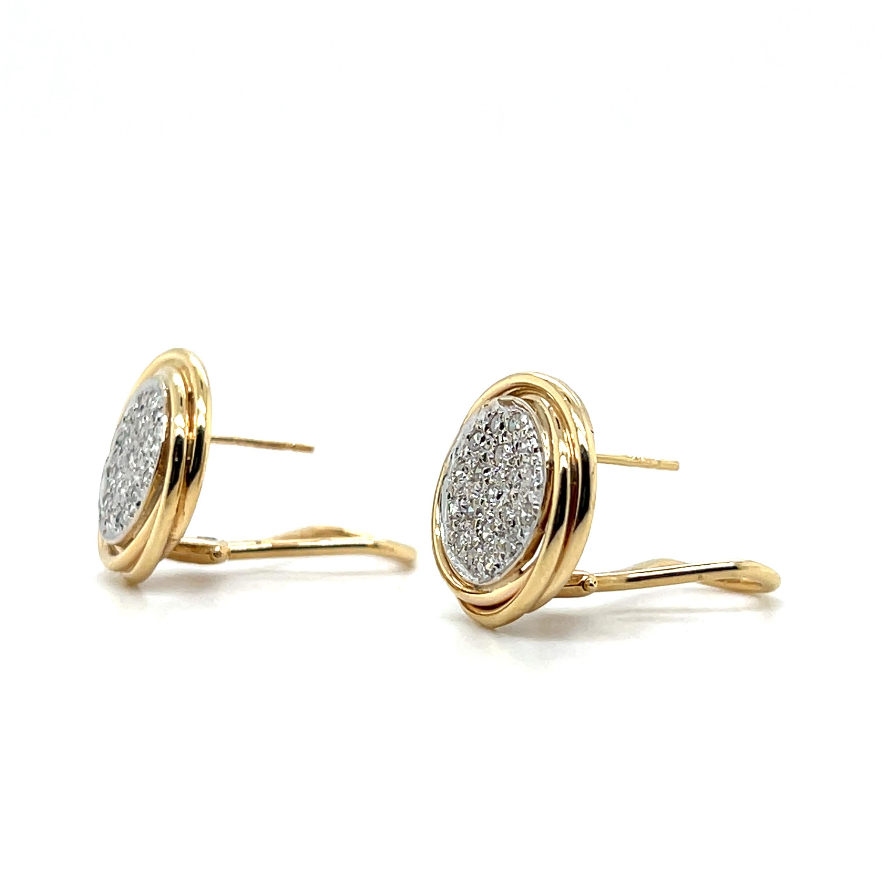 Contemporary 0.57 TCW  Pave Diamond Two Tone Gold Omega Lever Back Earrings For Sale 2