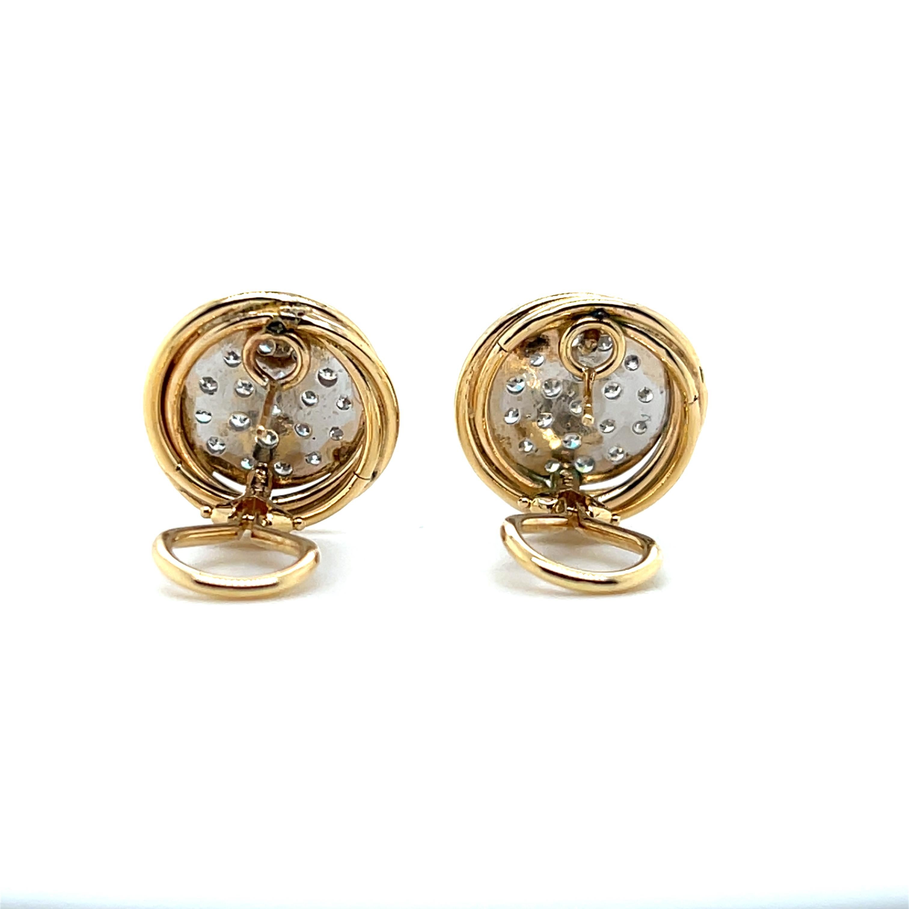 Contemporary 0.57 TCW  Pave Diamond Two Tone Gold Omega Lever Back Earrings For Sale 3