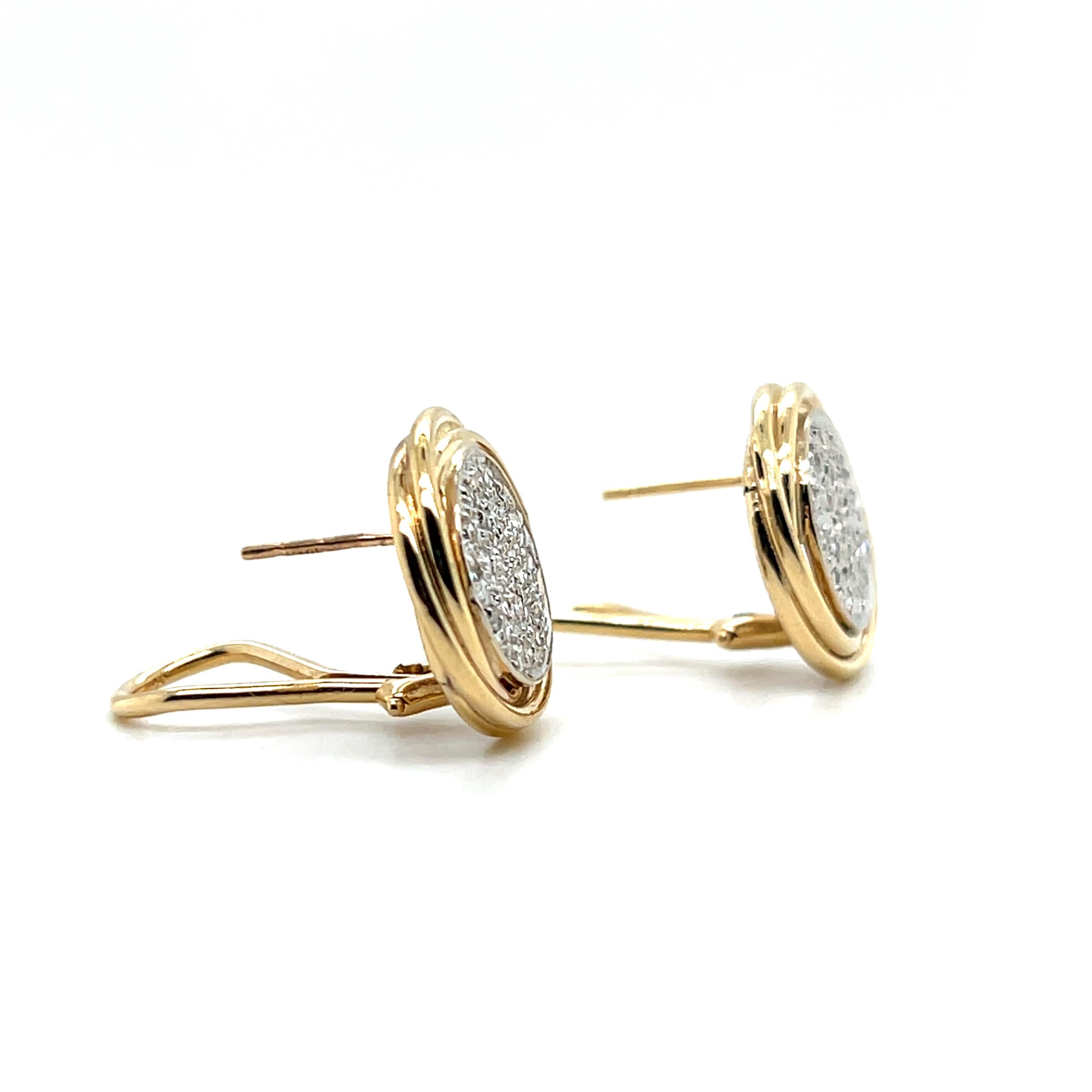 Contemporary 0.57 TCW  Pave Diamond Two Tone Gold Omega Lever Back Earrings For Sale 4