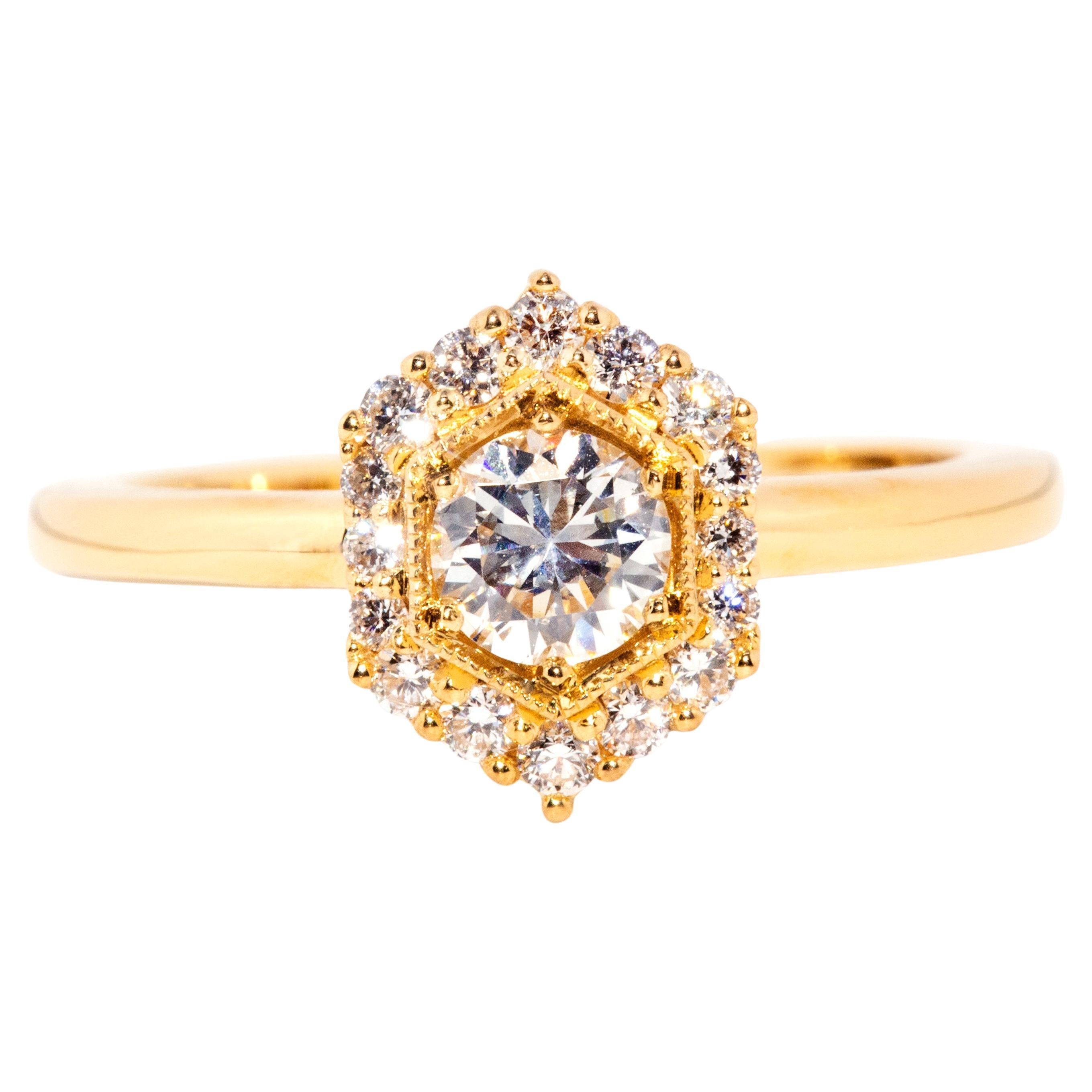 Contemporary 0.59 Carat Diamond 18 Carat Yellow Gold Hexagonal Halo