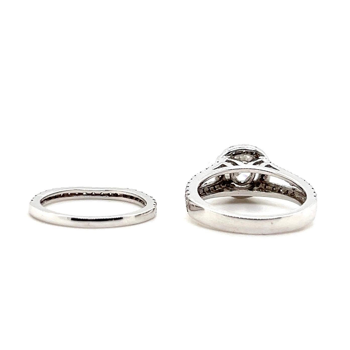 Round Cut Contemporary 0.60 Carat Diamond Halo White Gold Engagement Ring Wedding Set For Sale