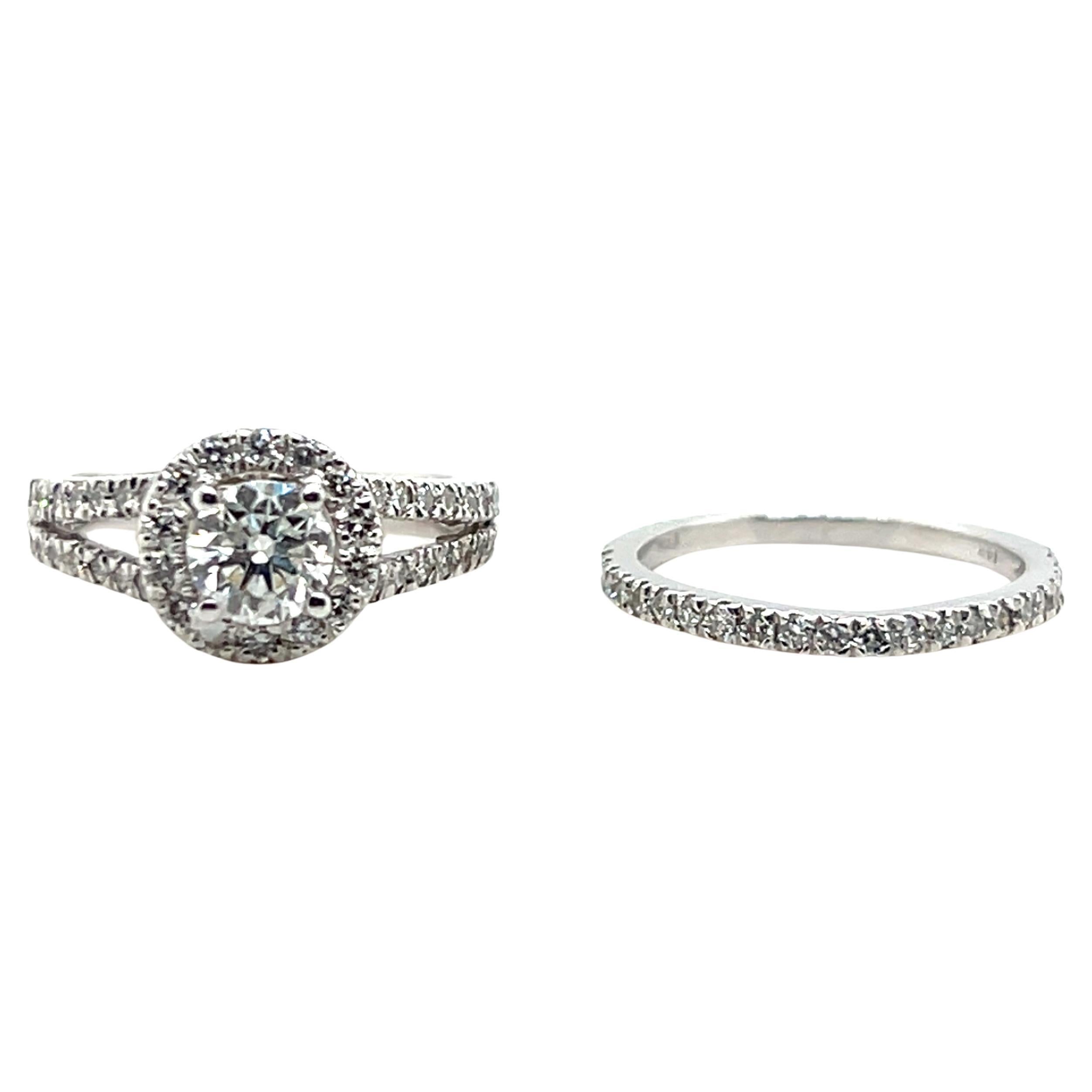 Contemporary 0.60 Carat Diamond Halo White Gold Engagement Ring Wedding Set