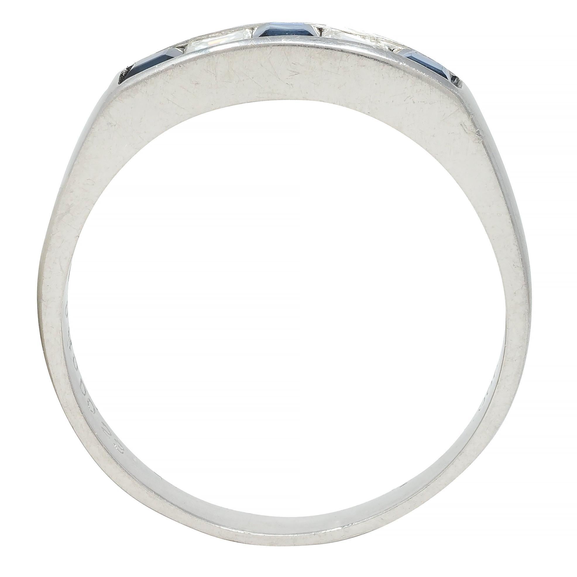 Contemporary 0.63 CTW Sapphire Diamond Square Step Cut Platinum Band Ring For Sale 5