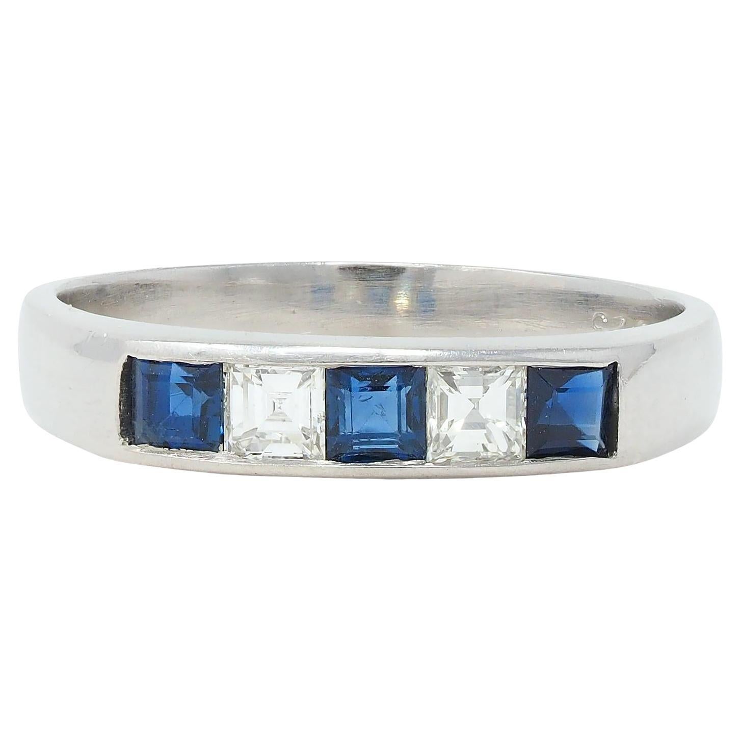 Contemporary 0.63 CTW Sapphire Diamond Square Step Cut Platinum Band Ring For Sale