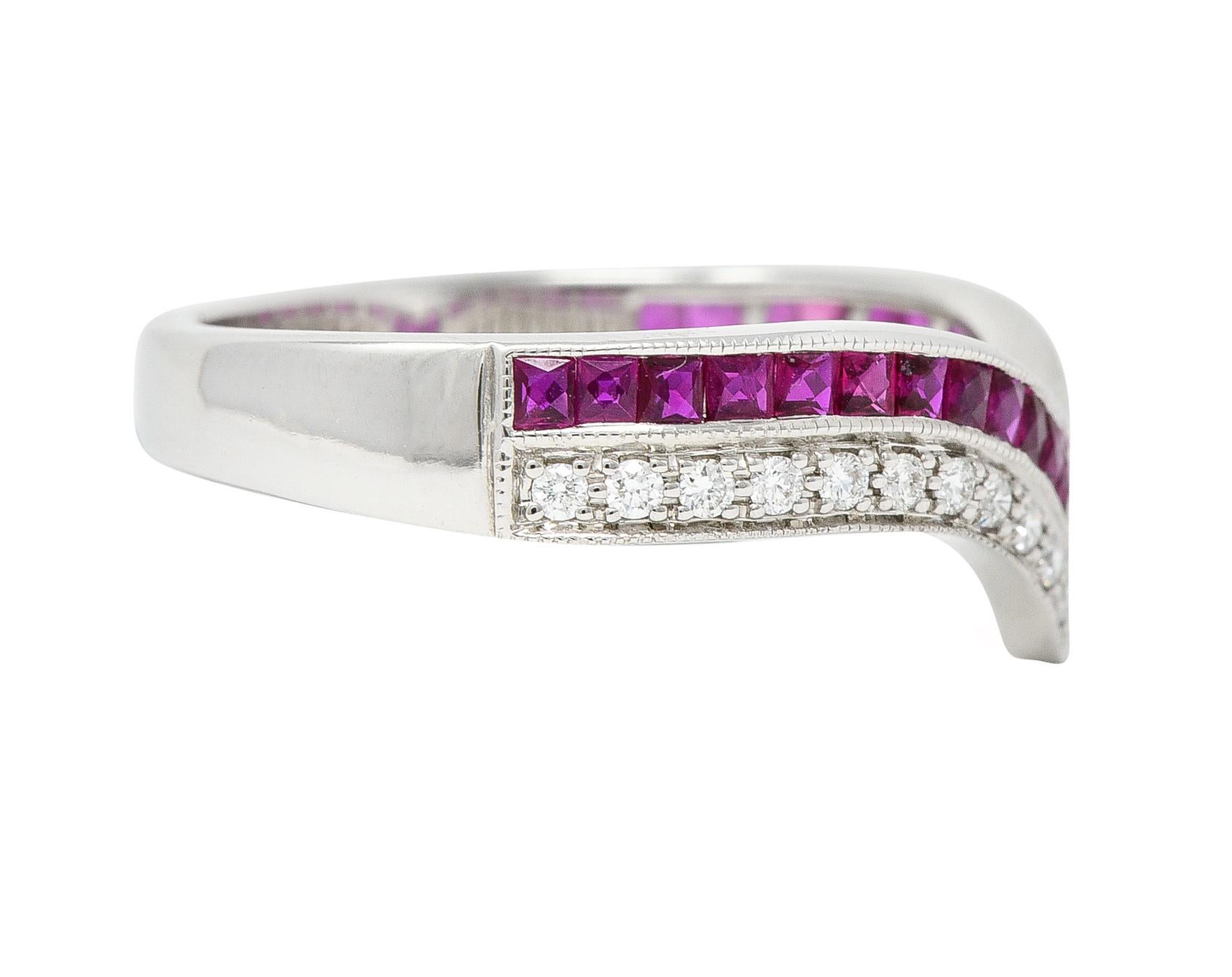 French Cut Contemporary 0.69 Carat Ruby Diamond 14 Karat White Gold Chevron Band Ring For Sale