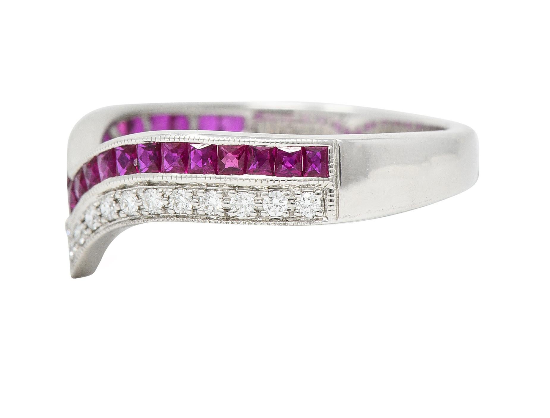 Women's or Men's Contemporary 0.69 Carat Ruby Diamond 14 Karat White Gold Chevron Band Ring For Sale