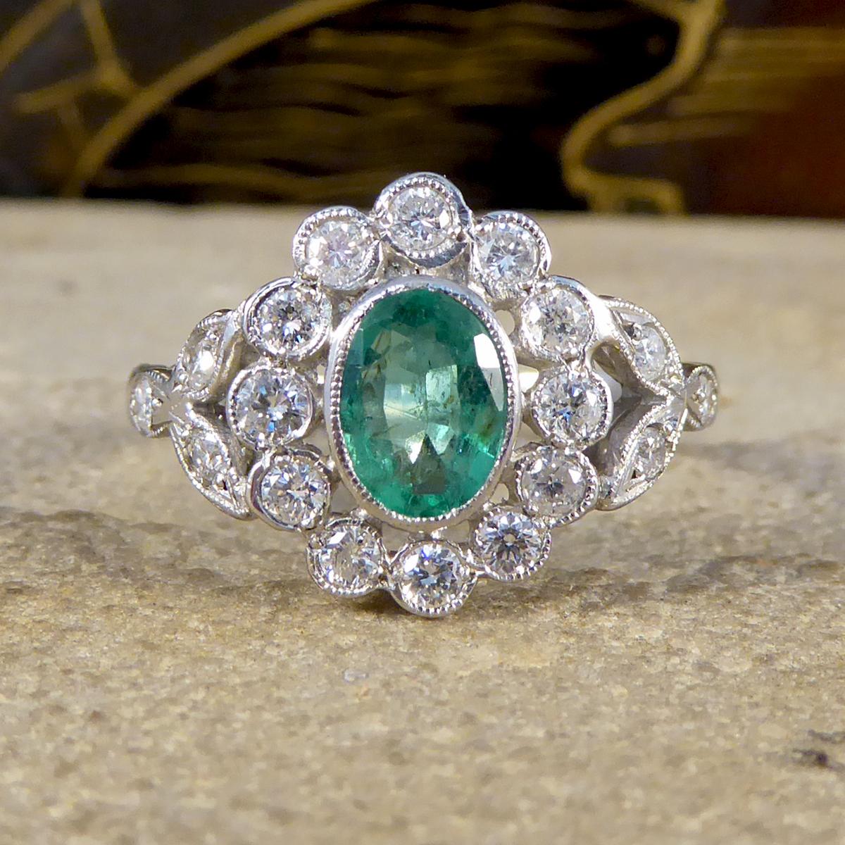 Contemporary 0.75ct Emerald and Diamond Cluster Ring with Shoulders in Platinum 4