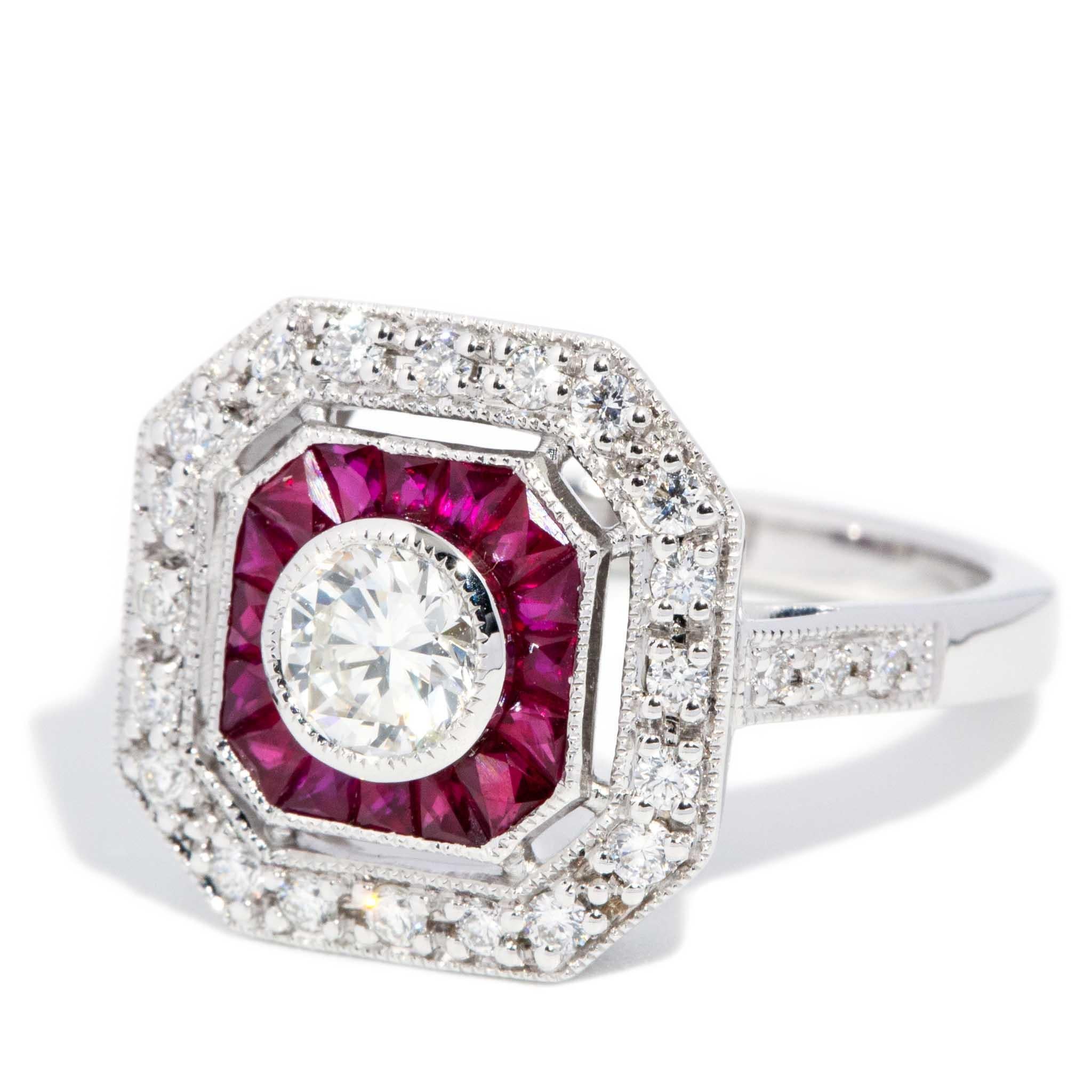 Round Cut Contemporary 0.78ct Ruby & Diamond Art Deco Style Ring 18ct White Gold For Sale