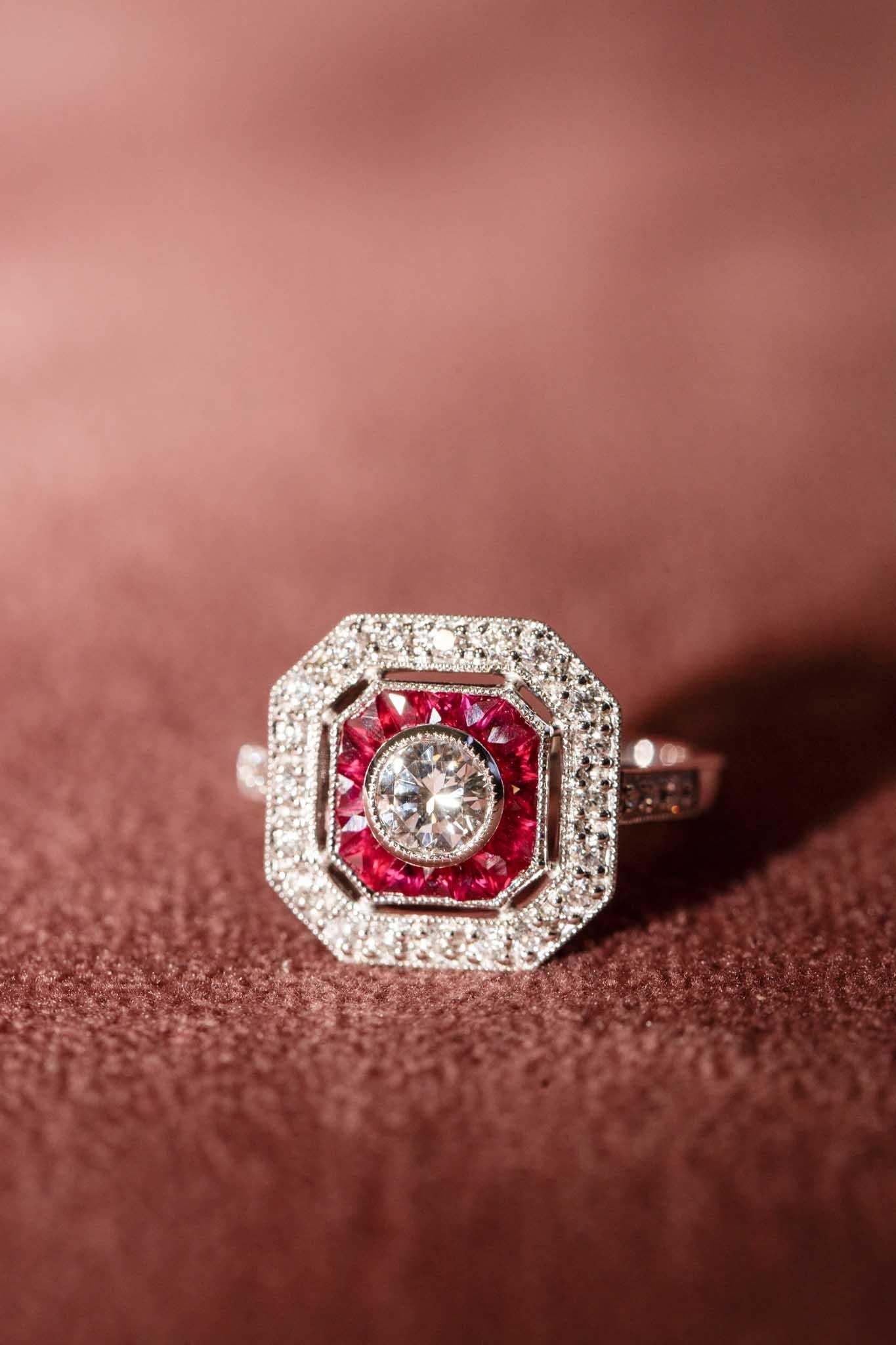 Women's Contemporary 0.78ct Ruby & Diamond Art Deco Style Ring 18ct White Gold For Sale