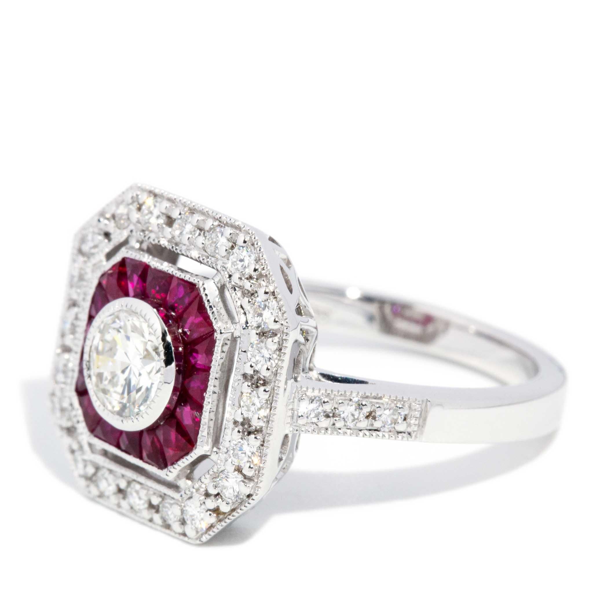 Contemporary 0.78ct Ruby & Diamond Art Deco Style Ring 18ct White Gold For Sale 1