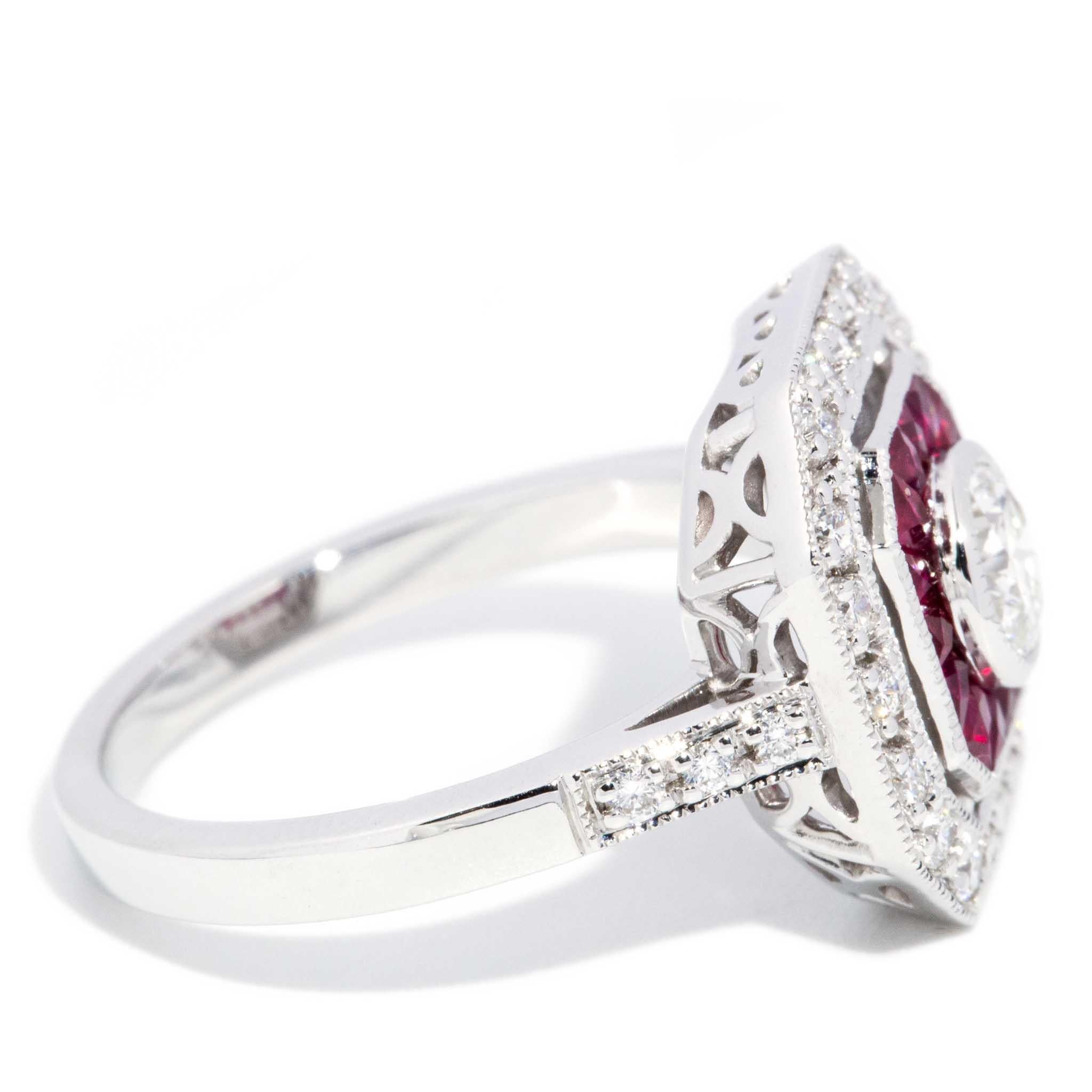 Contemporary 0.78ct Ruby & Diamond Art Deco Style Ring 18ct White Gold For Sale 2
