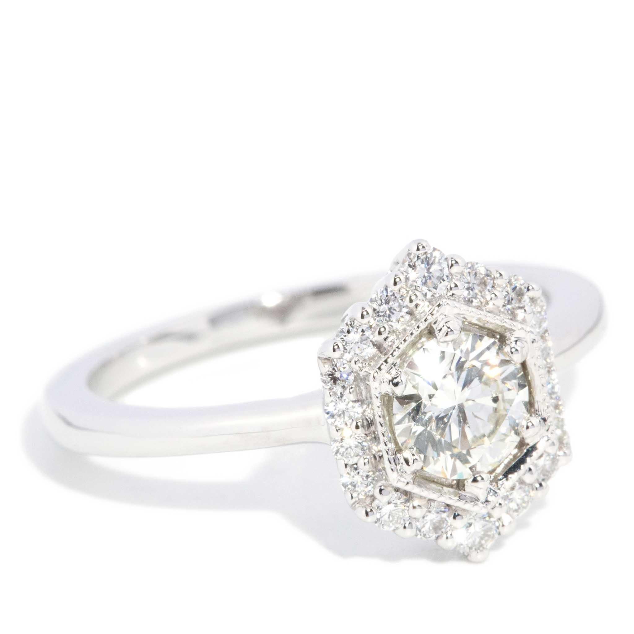 Round Cut Contemporary 0.80ct Hexagonal Halo Diamond Ring 18ct White Gold For Sale