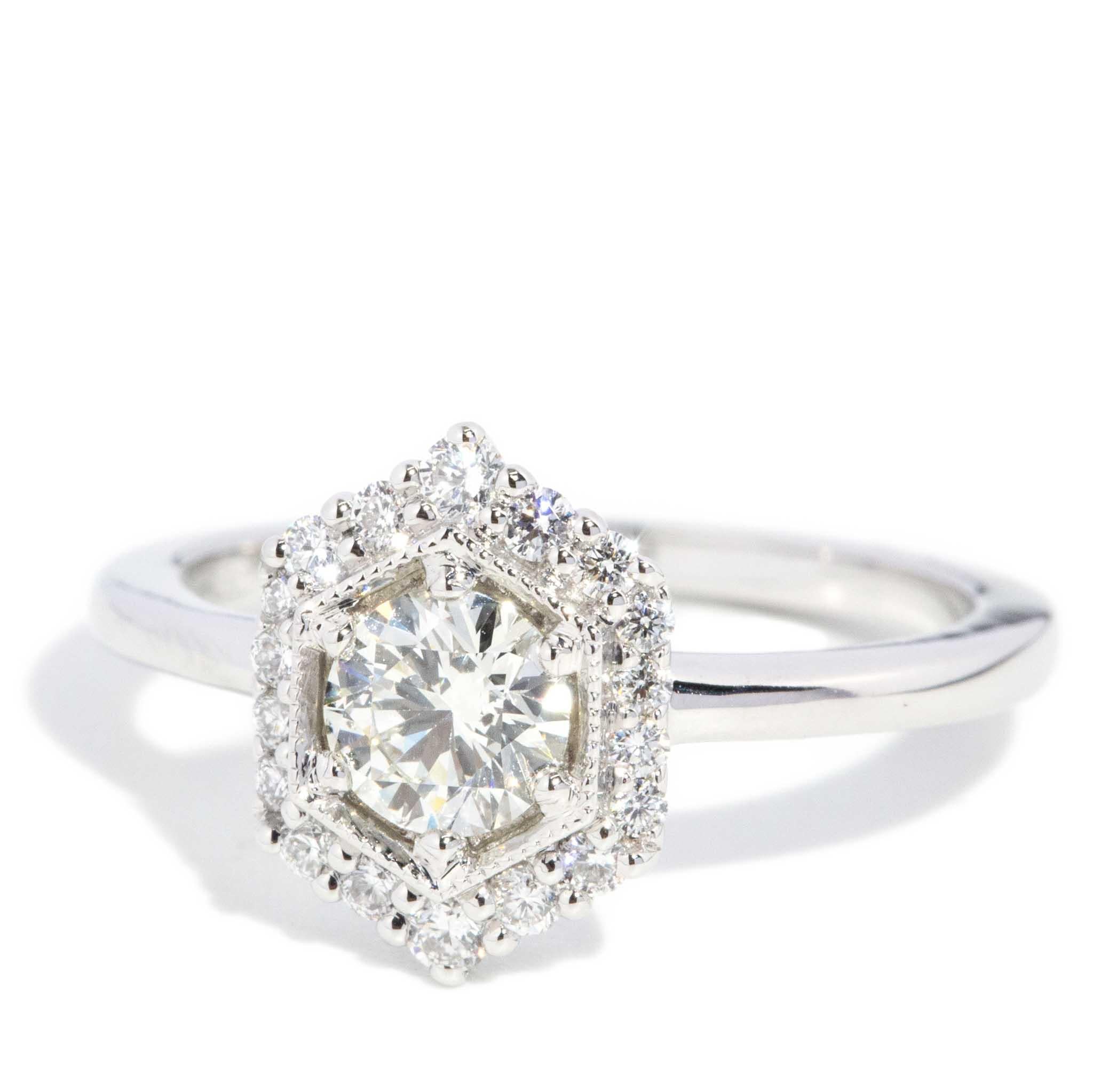 Women's Contemporary 0.80ct Hexagonal Halo Diamond Ring 18ct White Gold For Sale