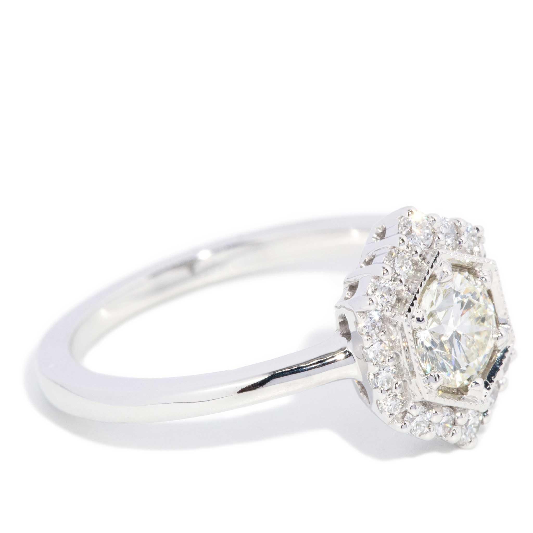 Contemporary 0.80ct Hexagonal Halo Diamond Ring 18ct White Gold For Sale 2
