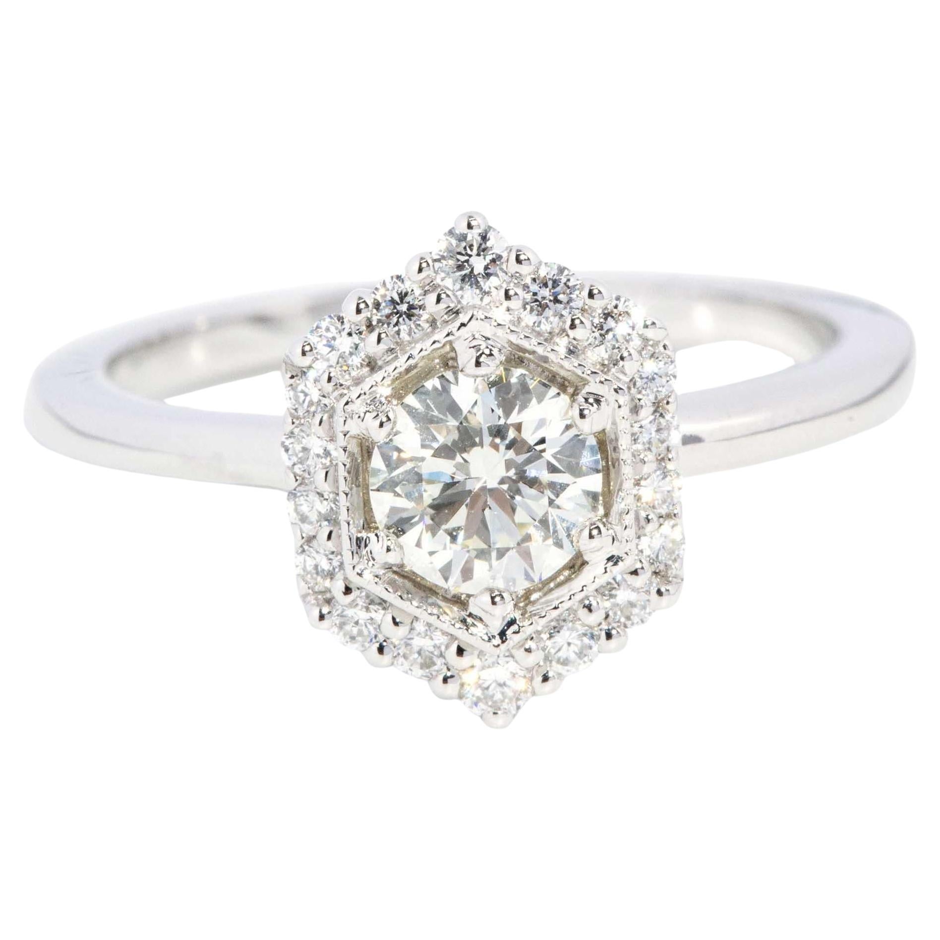 Contemporary 0.80ct Hexagonal Halo Diamond Ring 18ct White Gold
