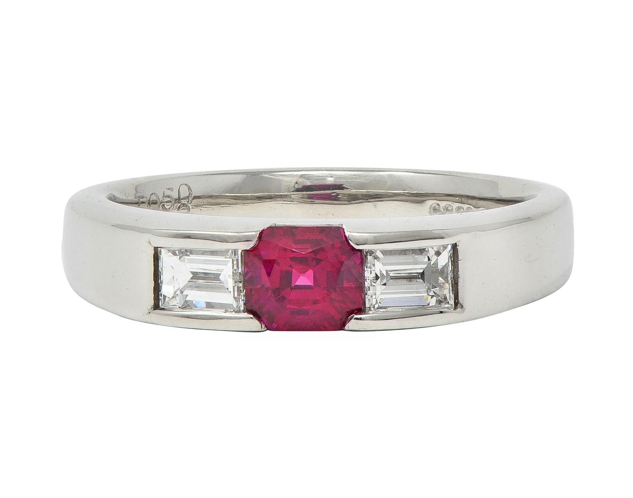Contemporary 0.82 CTW Ruby Diamond Platinum Three Stone Ring