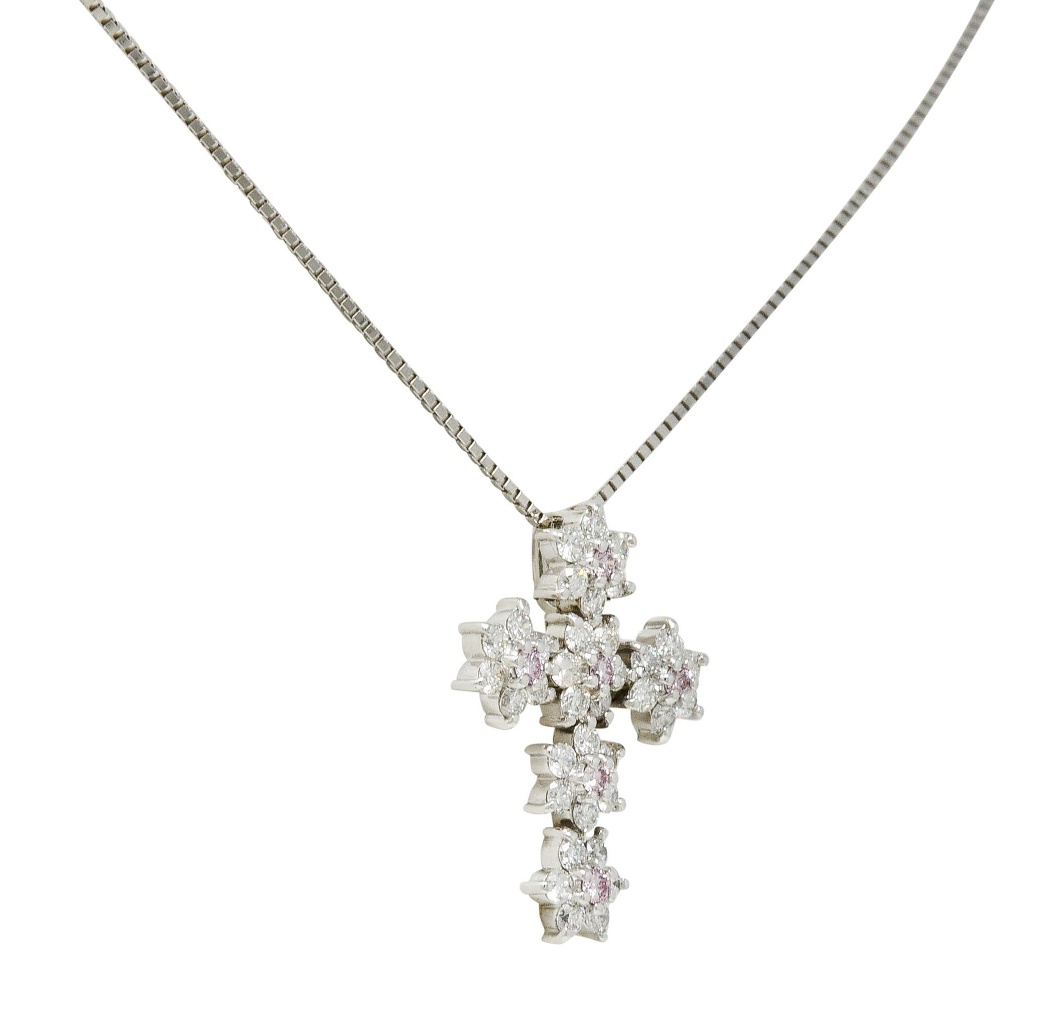 Brilliant Cut Contemporary 0.83 Cara Pink & White Diamond 18 Karat Gold Cross Pendant Necklace
