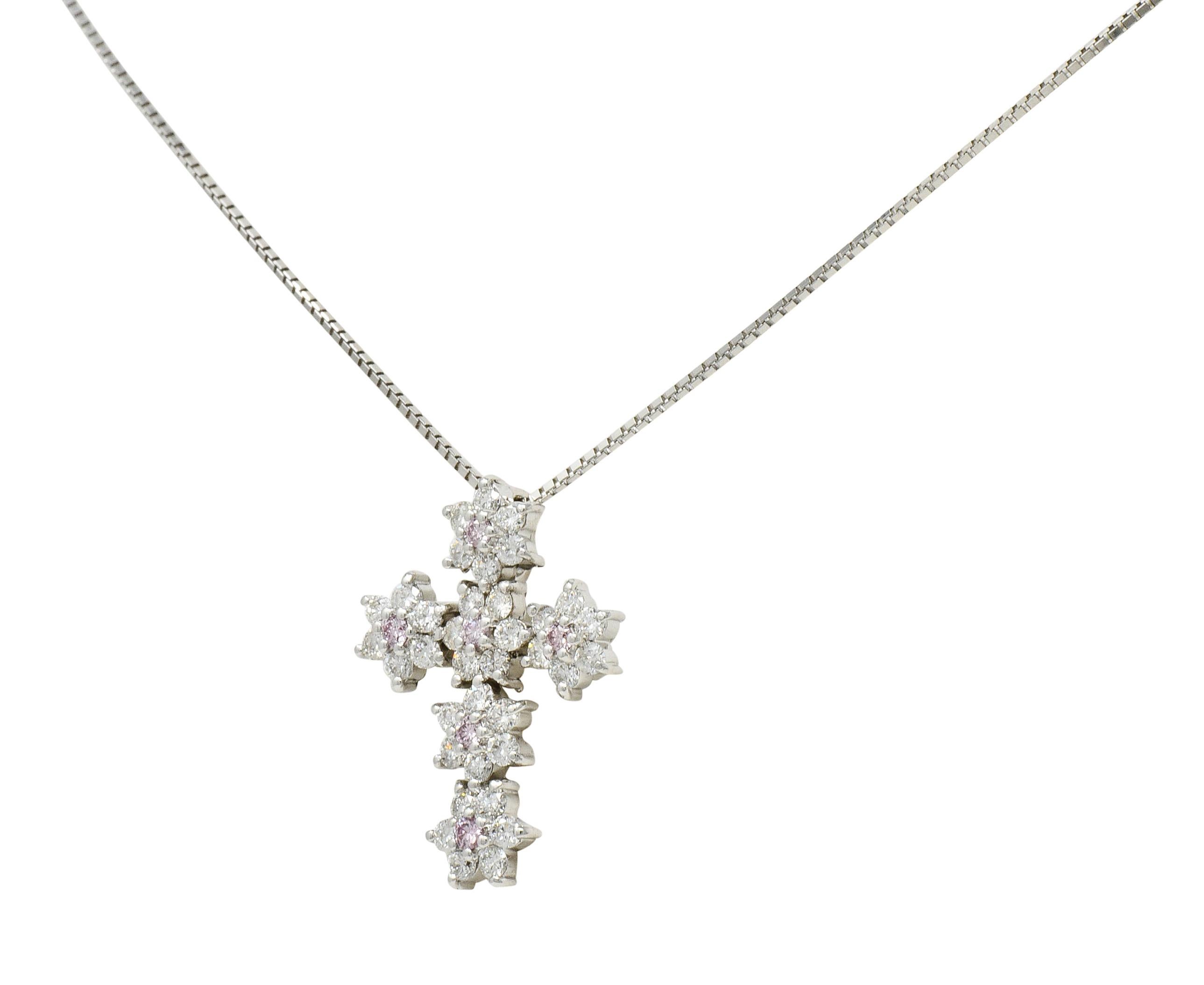 Women's or Men's Contemporary 0.83 Cara Pink & White Diamond 18 Karat Gold Cross Pendant Necklace