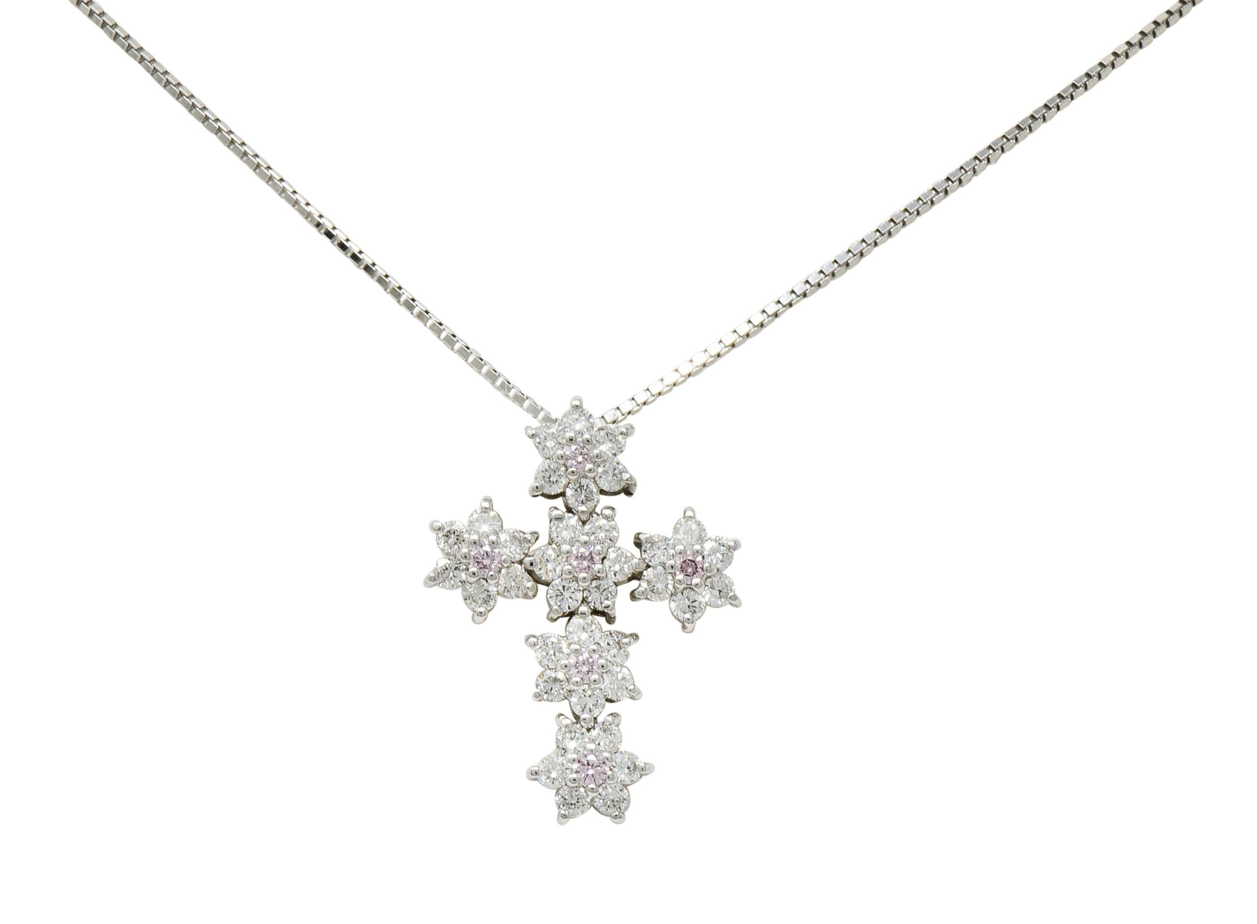 Contemporary 0.83 Cara Pink & White Diamond 18 Karat Gold Cross Pendant Necklace 1