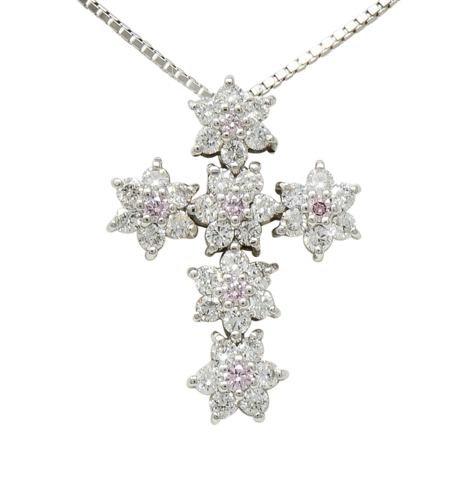 Contemporary 0.83 Cara Pink & White Diamond 18 Karat Gold Cross Pendant Necklace 2