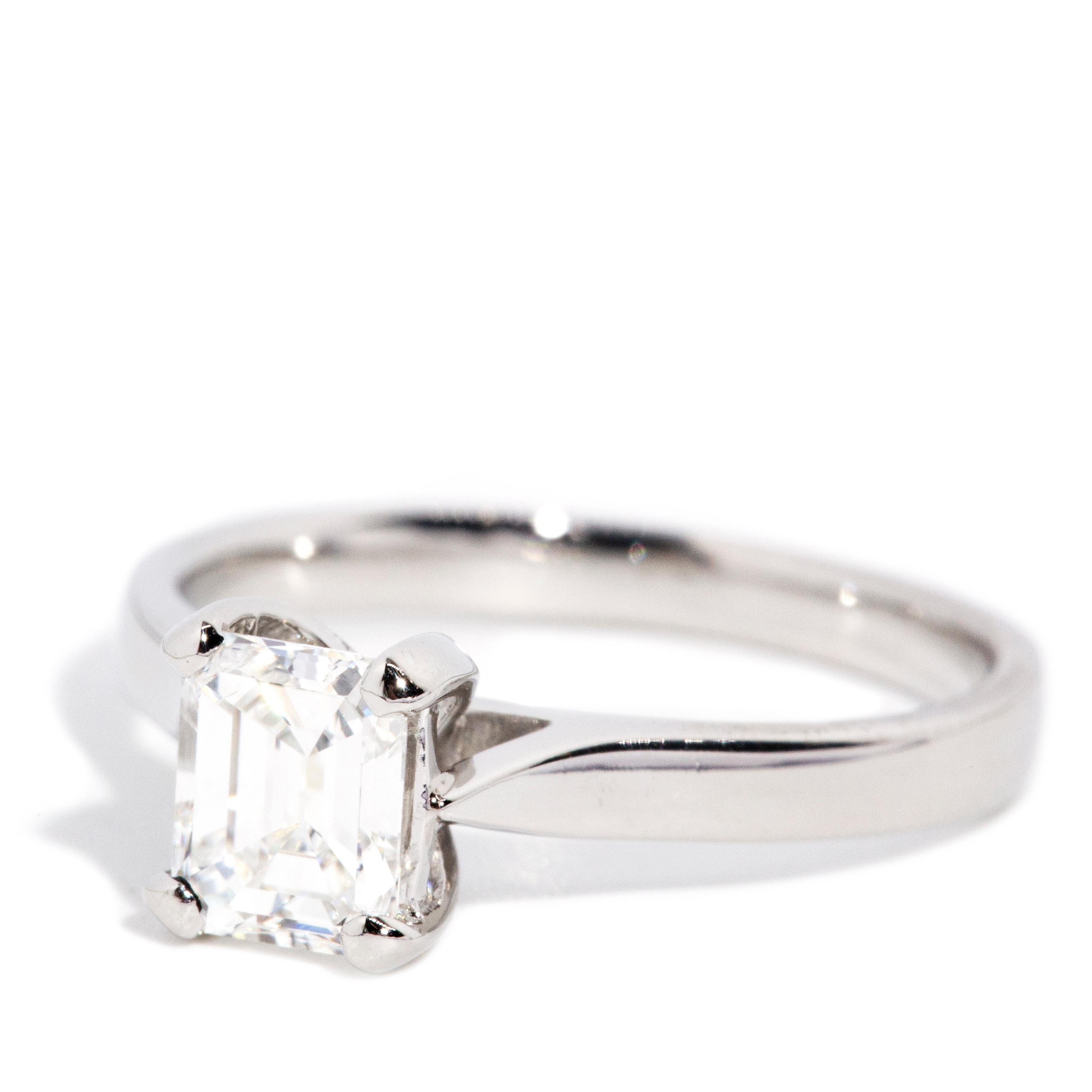 Contemporary 0.83 Carat Emerald Cut Diamond Platinum Solitaire Engagement Ring For Sale 6