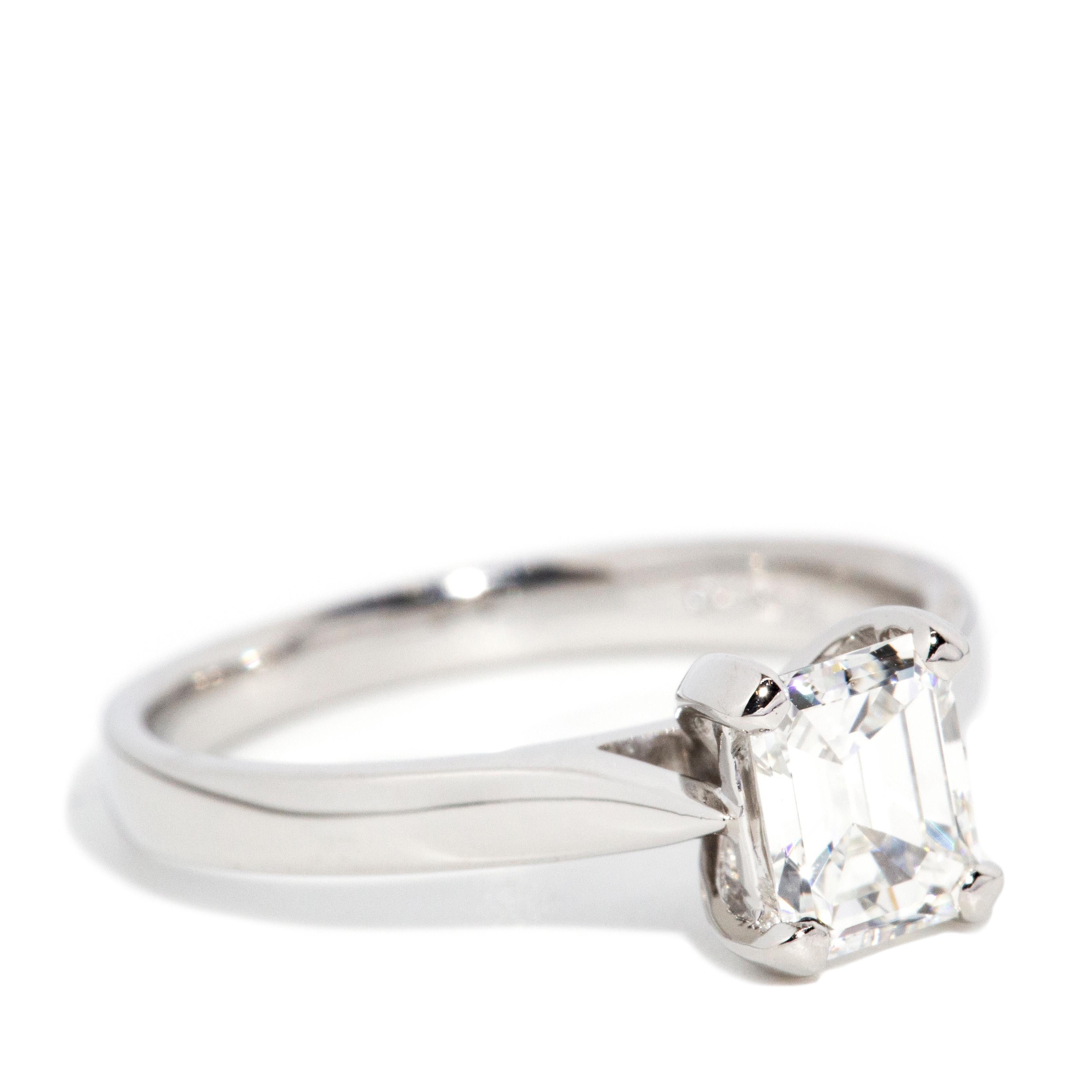 Contemporary 0.83 Carat Emerald Cut Diamond Platinum Solitaire Engagement Ring For Sale 5