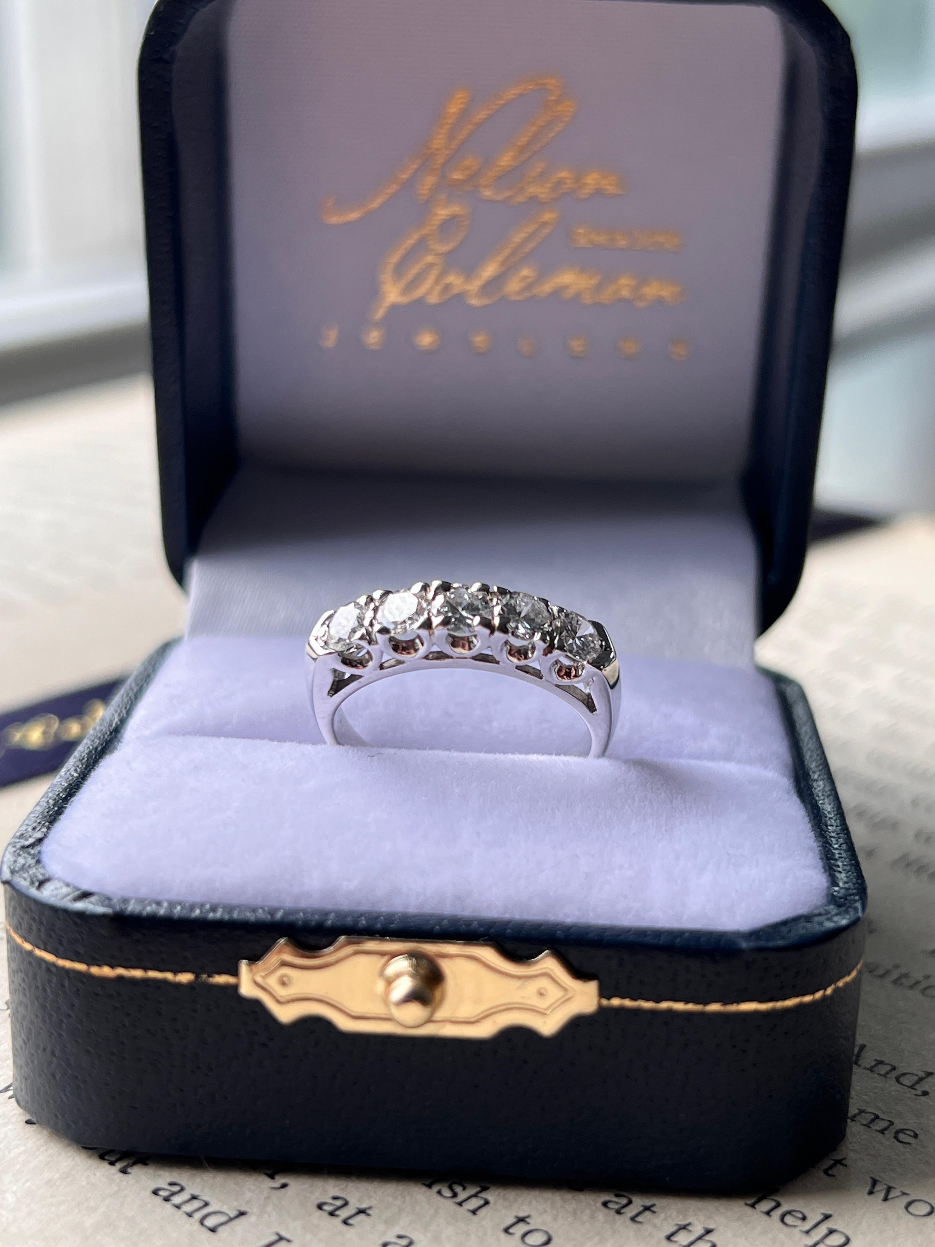 Round Cut Contemporary 0.85TCW Diamond & 14k White Gold 5 Stone Wedding/Anniversary Band For Sale
