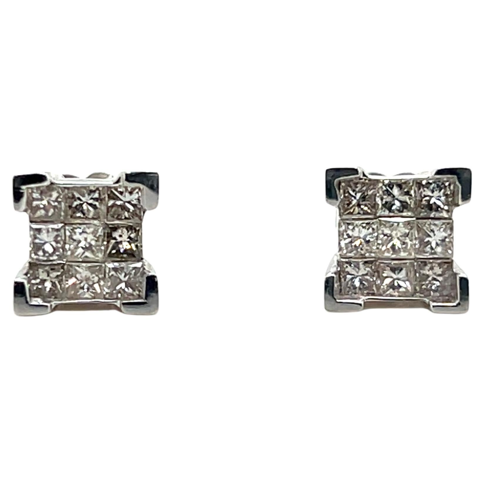 Contemporary 0.90 tcw Diamond 14k White Gold Illusion Set Stud Earrings For Sale