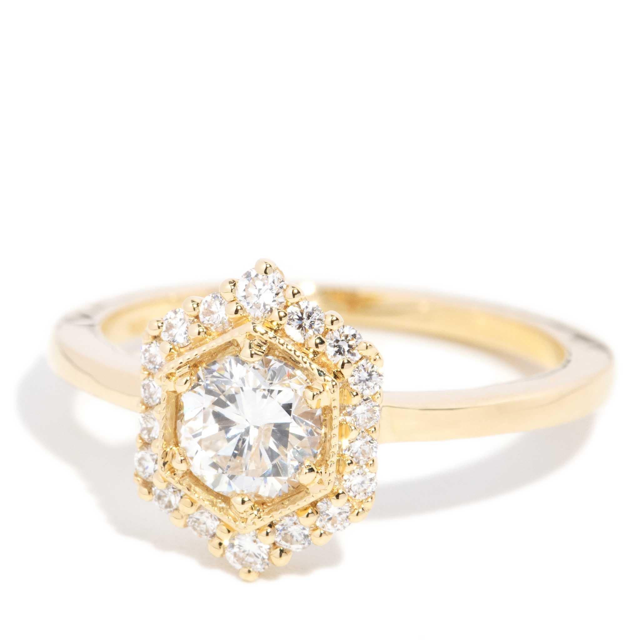 Round Cut Contemporary 0.92ct Hexagonal Halo Diamond Ring 18ct Gold For Sale
