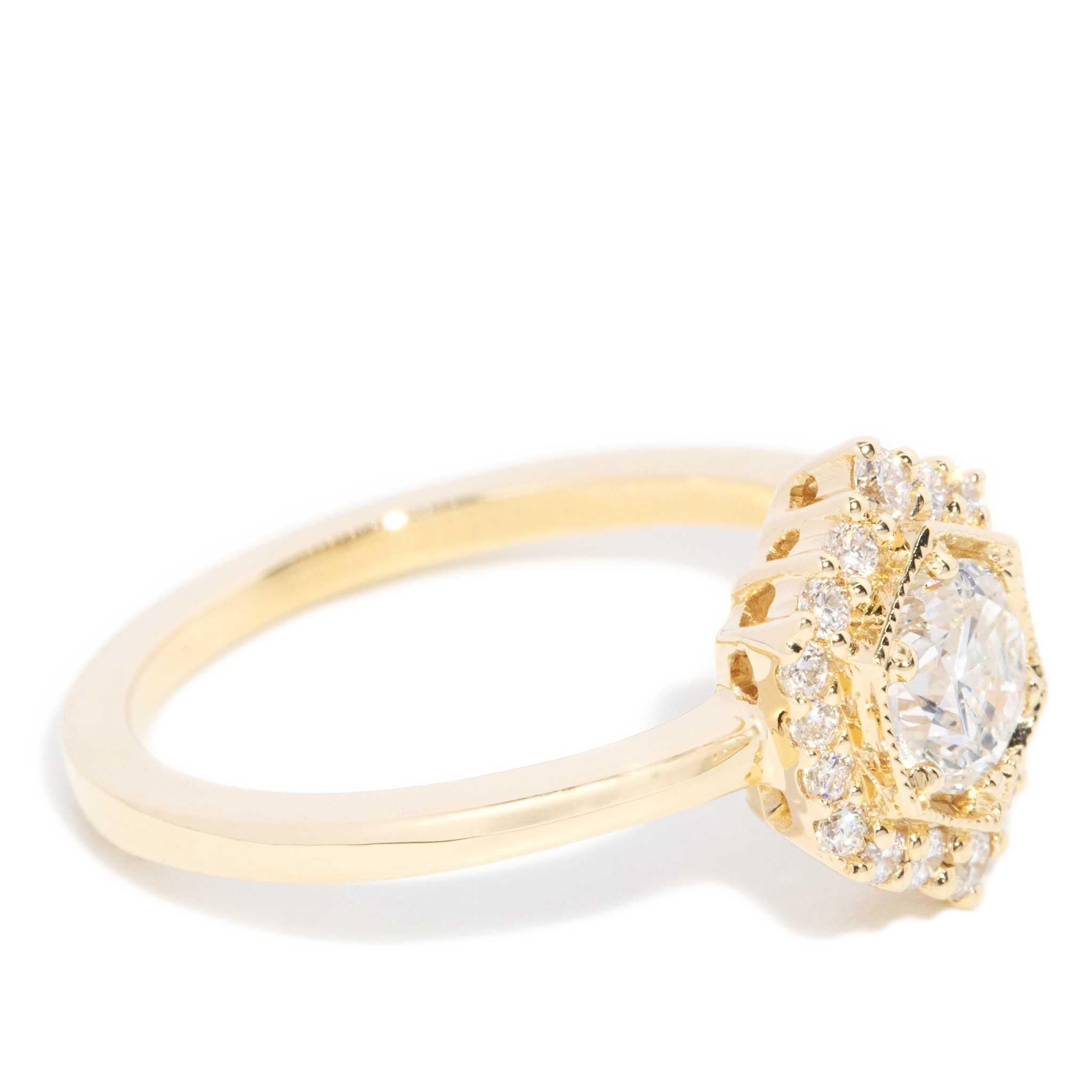 Women's Contemporary 0.92ct Hexagonal Halo Diamond Ring 18ct Gold For Sale