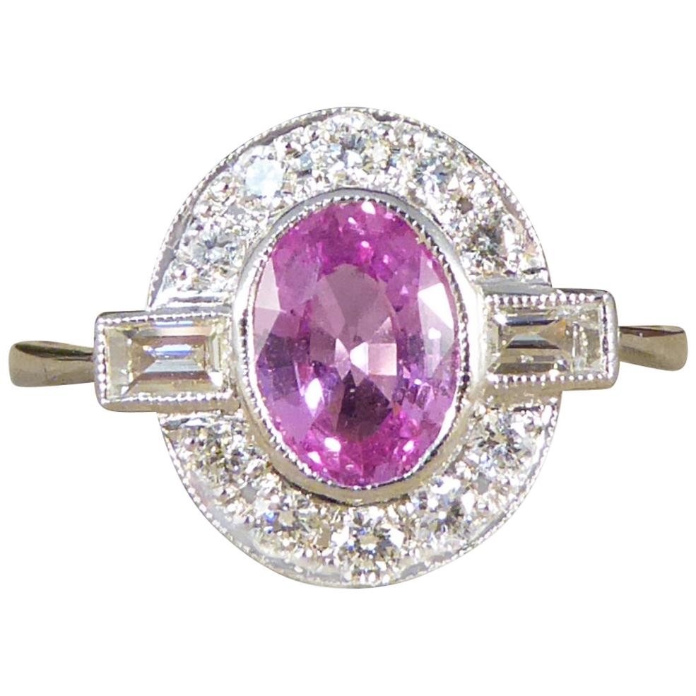 Contemporary 0.95ct Pink Sapphire and Diamond Cluster Ring Mounted in Platinum