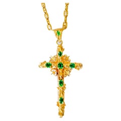 Contemporary  1.00 ct Emerald  18K Gold Cross and Chain Set