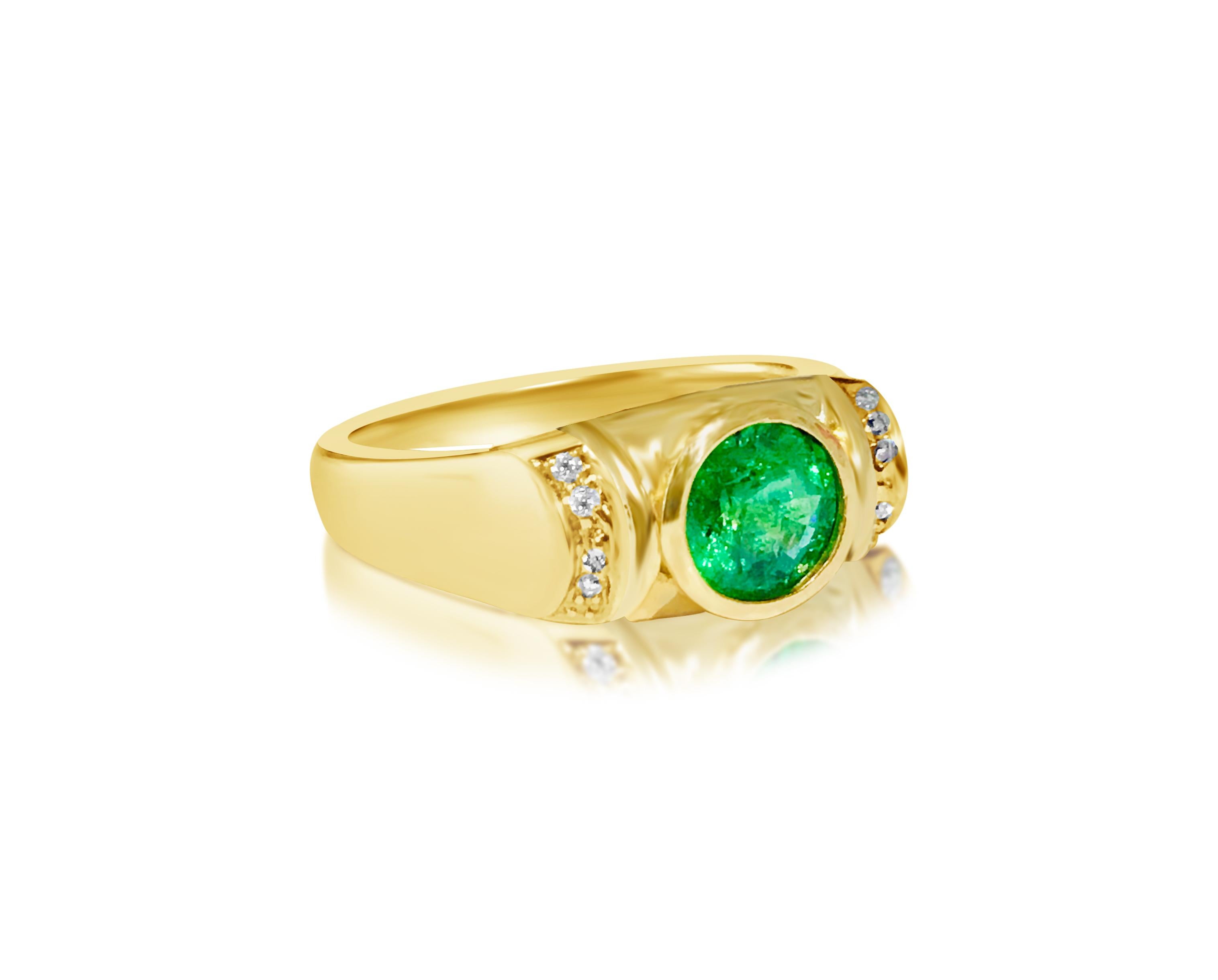 Metal: 14kt yellow gold. 
1.25 carat emerald. 100% natural earth mined emerald set in bezel setting. Round shape. 
0.12ct diamonds total. VS clarity and F color. Round cut diamonds. 100% natural earth mined diamonds set in prongs. 
Ring resizing