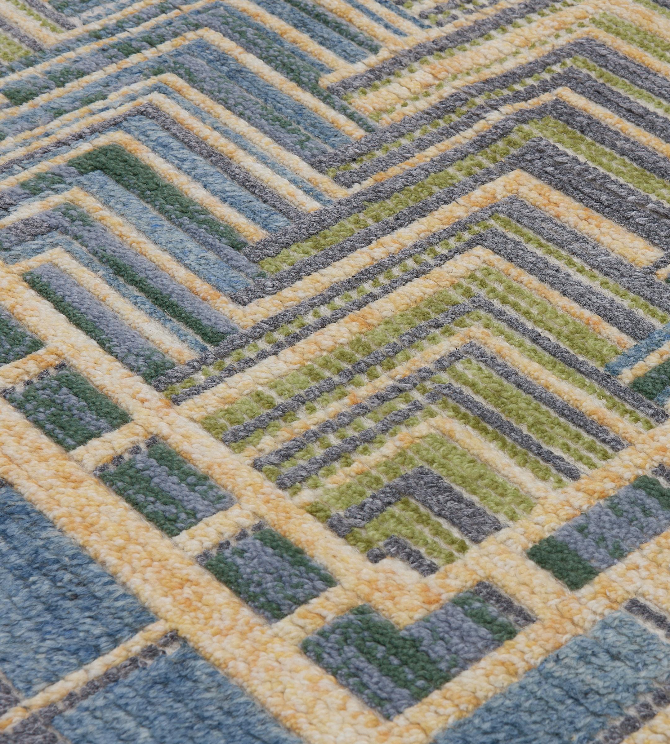 Tapis contemporain 100% laine d'inspiration suédoise vert et bleu en vente 5