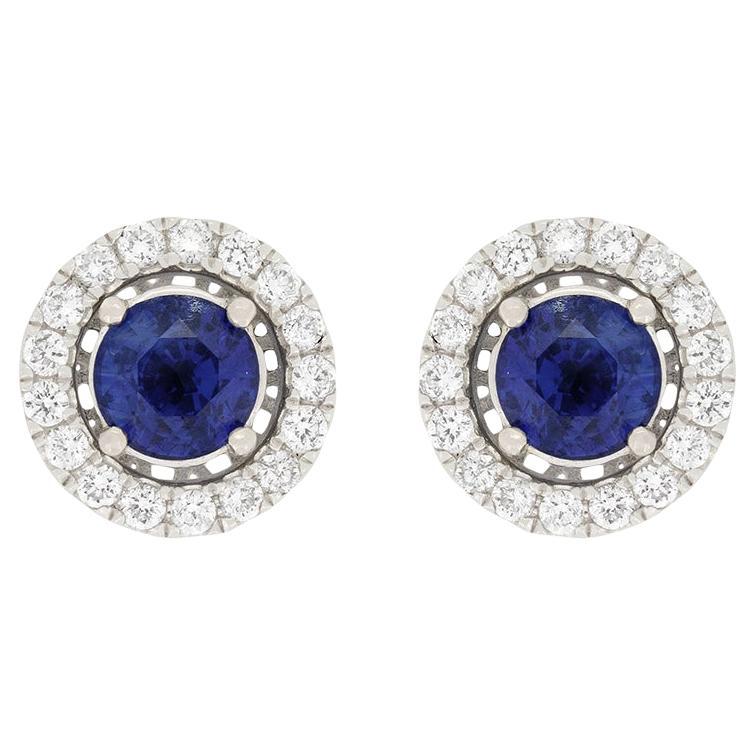 Contemporary 1.00ct Sapphire and Diamond Halo Earrings