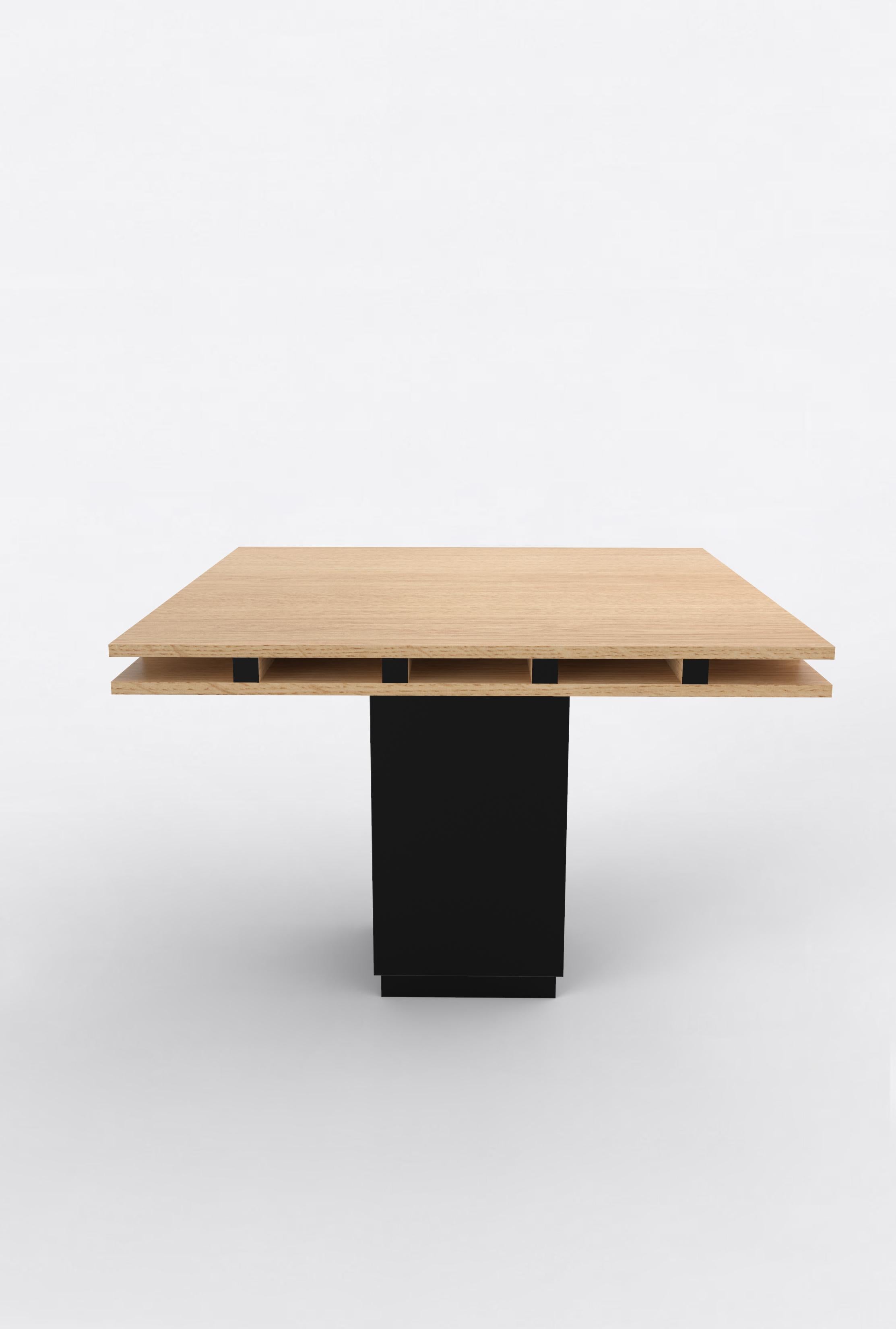 Orphan work 101 Dining Table
Shown in oak and black
Available in natural oak with painted base and edges
Measures: 60” L x 60” W x 30” H
Dimensions available:
42” L x 42” W x 30” H
60” L x 60” W x 30” H
72” L x 72” W x 30” H

Orphan work is designed