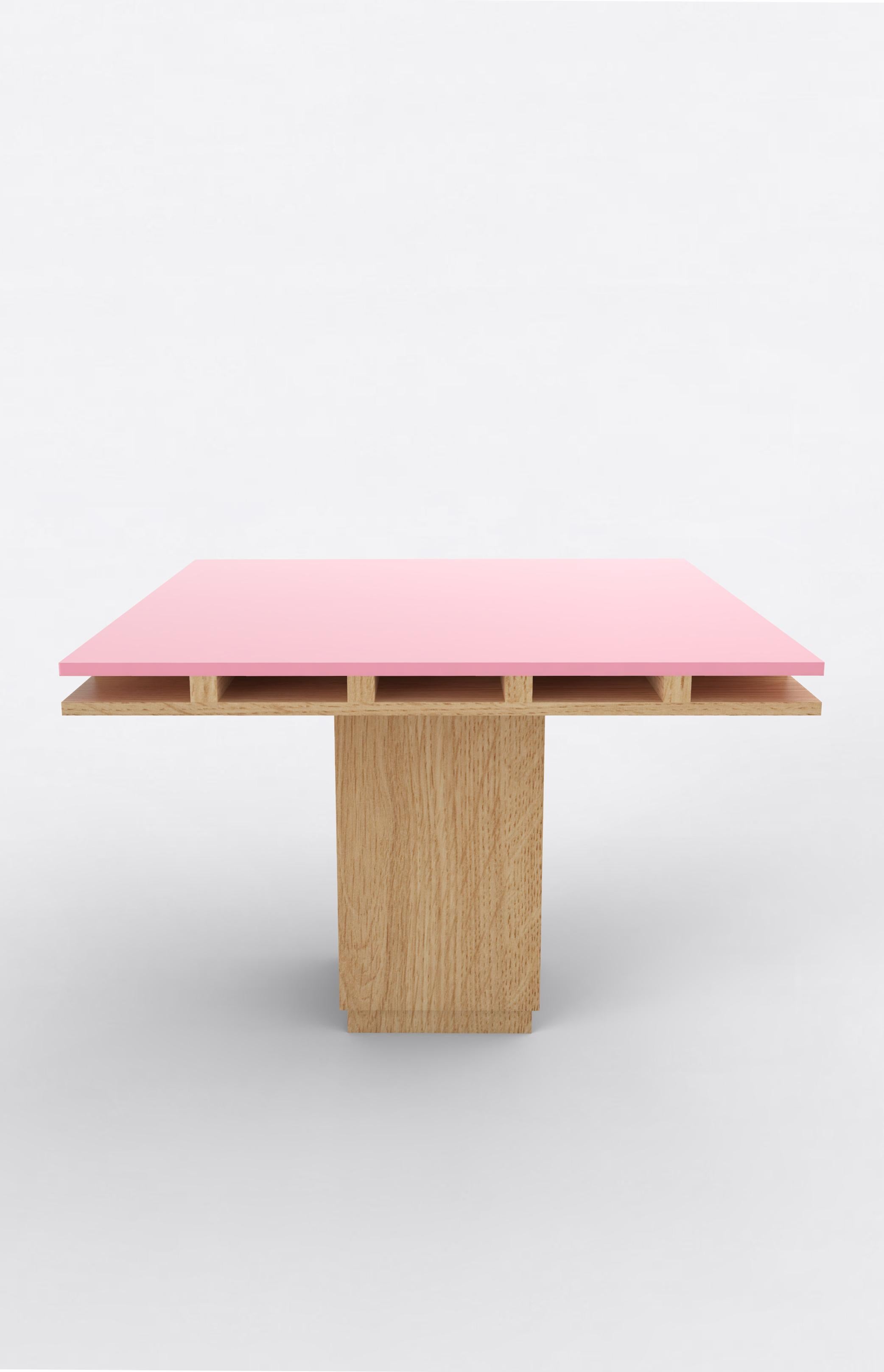 Orphan work 101C Dining Table, 2020
Shown in oak and color
Available in natural oak with painted top. 
Colors available: pink, mint, yellow, blue and brown.
Measures: 60” L x 60” W x 30” H
Dimensions available:
42” L x 42” W x 30” H
60” L x 60” W x