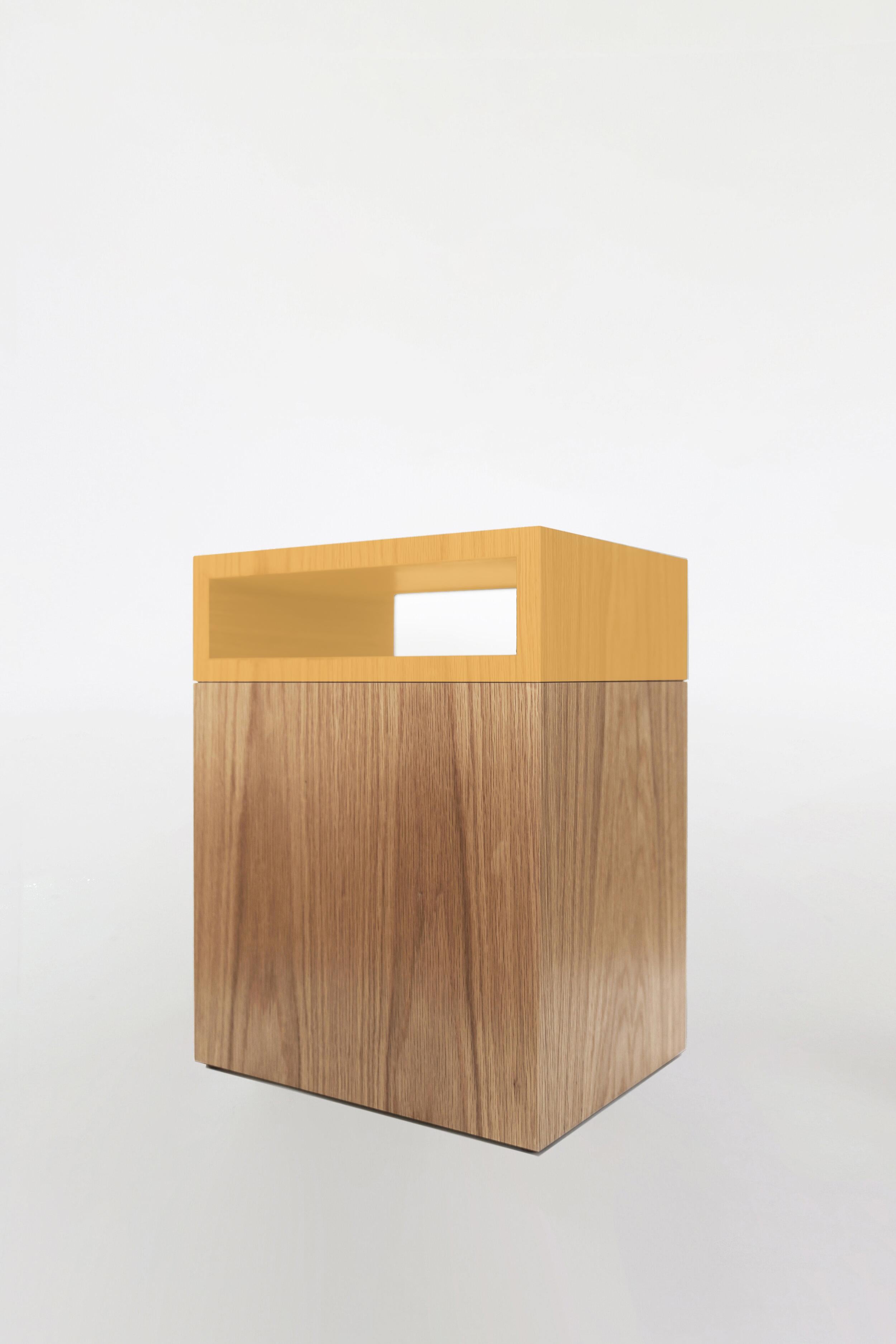 Orphan Work 101C Side Table, 2020
Shown in oak and color.
Available in natural oak with painted top or base.
Colors available: pink, mint, yellow, blue and brown.
Measures: 13” W x 10.25” D x 17” H 

Custom colors available by