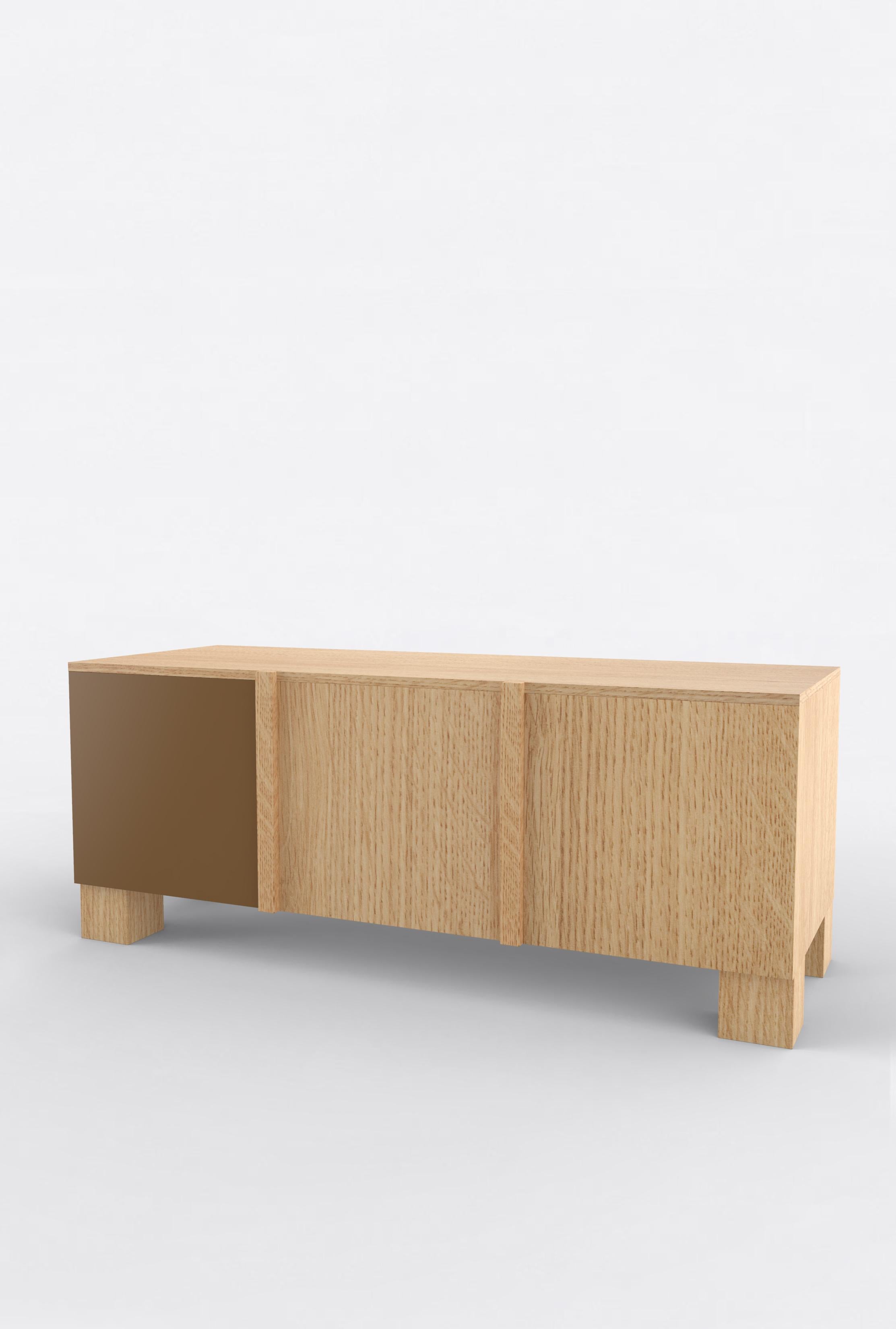 Orphan Work 101C storage, 2020
Shown in oak and color
Available in natural oak with painted door
Colors available: pink, mint, yellow, blue and brown.
Measures: 60” L x 22” D x 24” H
3 doors with adjustable shelves
Dimensions available:
60” L