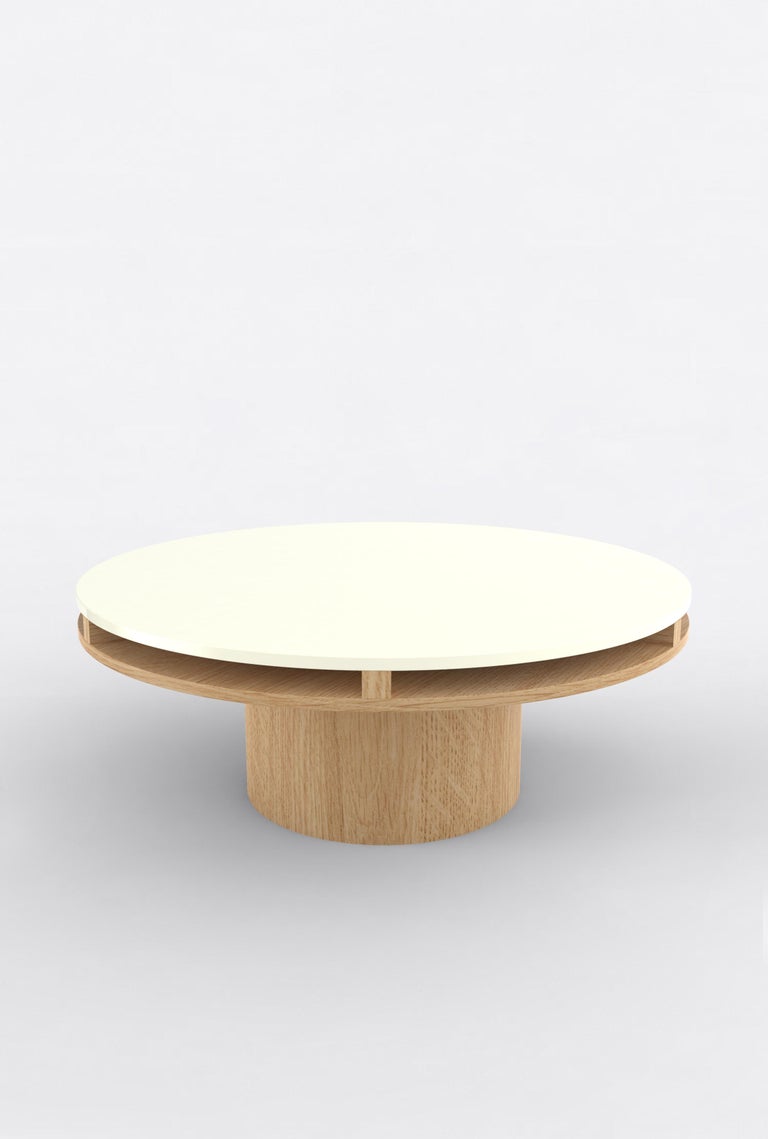 Orphan Work 102 Coffee Table
Shown in oak and white or off-white
Available in natural oak with painted top.
Measures: 42”DIA x 16”H
Dimensions available:
42