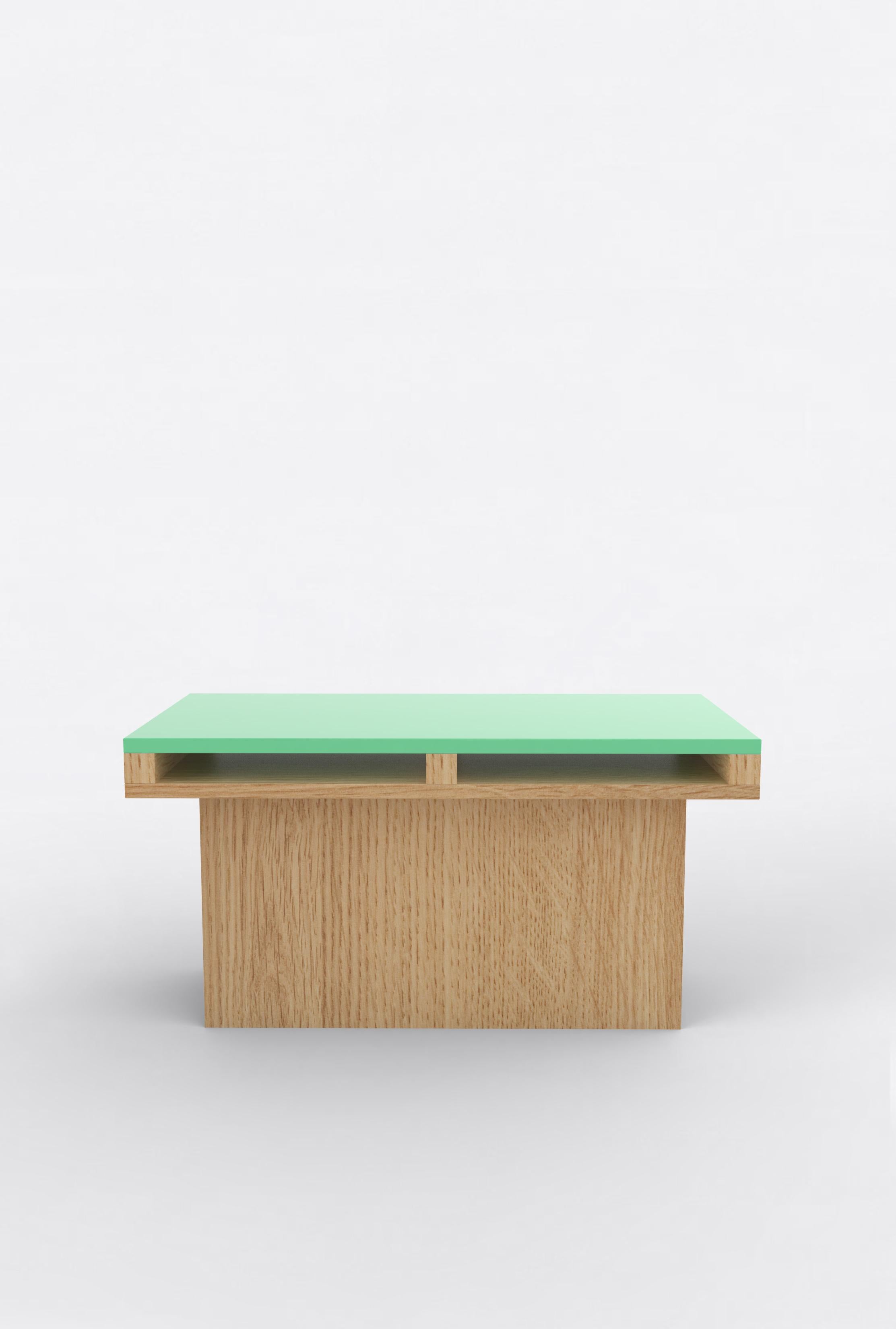 Orphan Work 102 End Table, 2019
Shown in oak and color
Available in natural oak with painted top
Colors available: pink, mint, yellow, blue and brown.
Measures: 31” L x 15” D x 15” H

Custom colors available by request.
Additional dimensions,