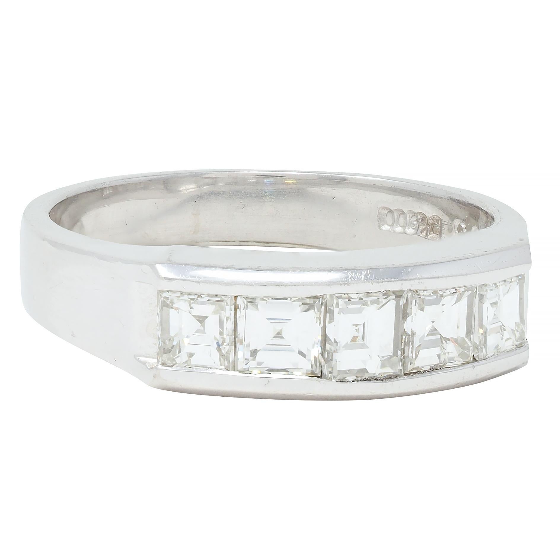 Featuring five square step-cut diamonds channel set to front
Weighing 1.03 carats total - H/J color with VS2 clarity
Completed by high polish finish
Inscribed with carat weights
Stamped for platinum
Circa: 2000s 
Ring size: 6 1/2 and sizable