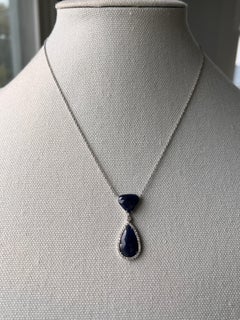 Contemporary 10.33tcw Dark Blue Sapphire & Diamond 14k White Gold Drop Necklace