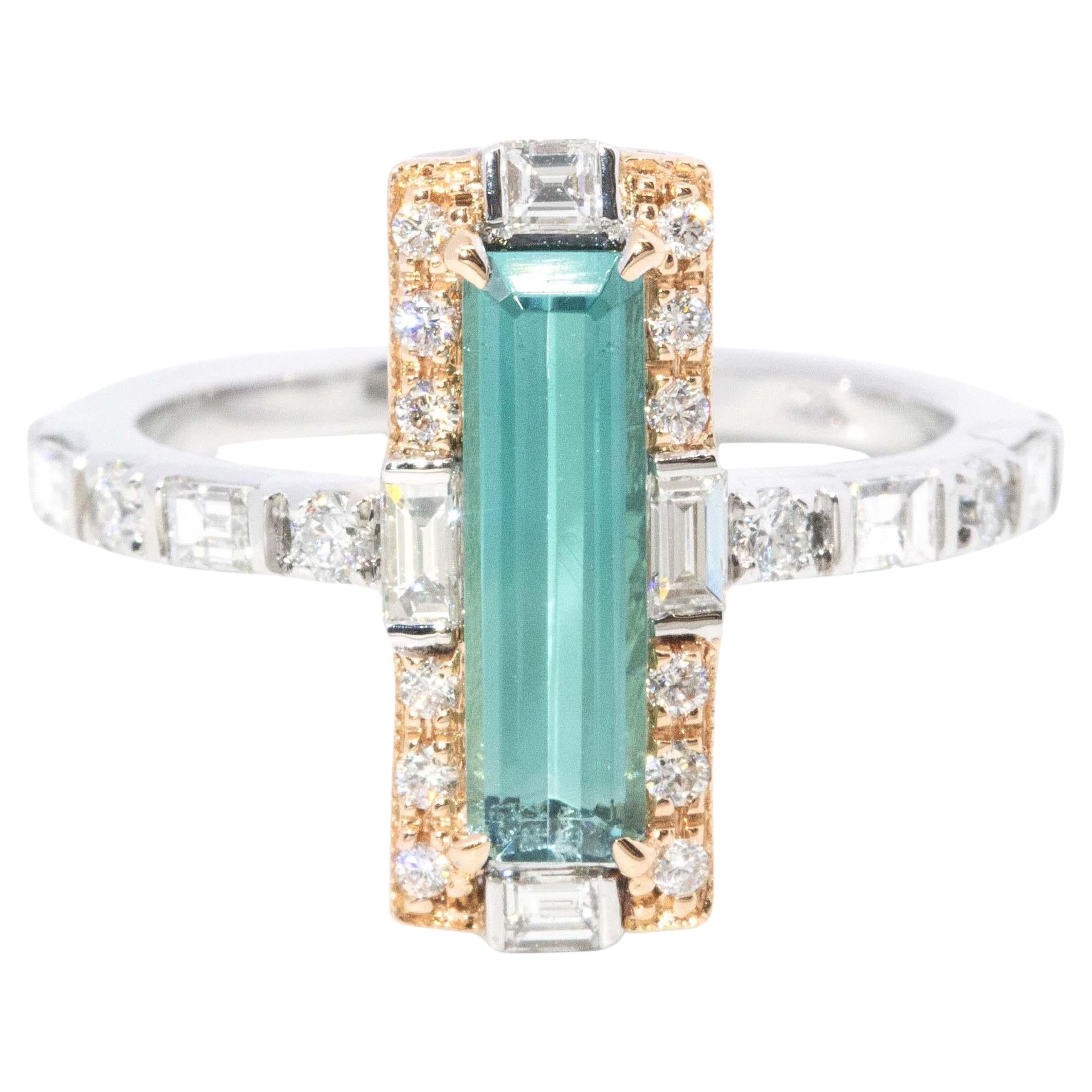 Contemporary 1.04ct Emerald Cut Lagoon Tourmaline & Diamond Ring 18 Carat Gold