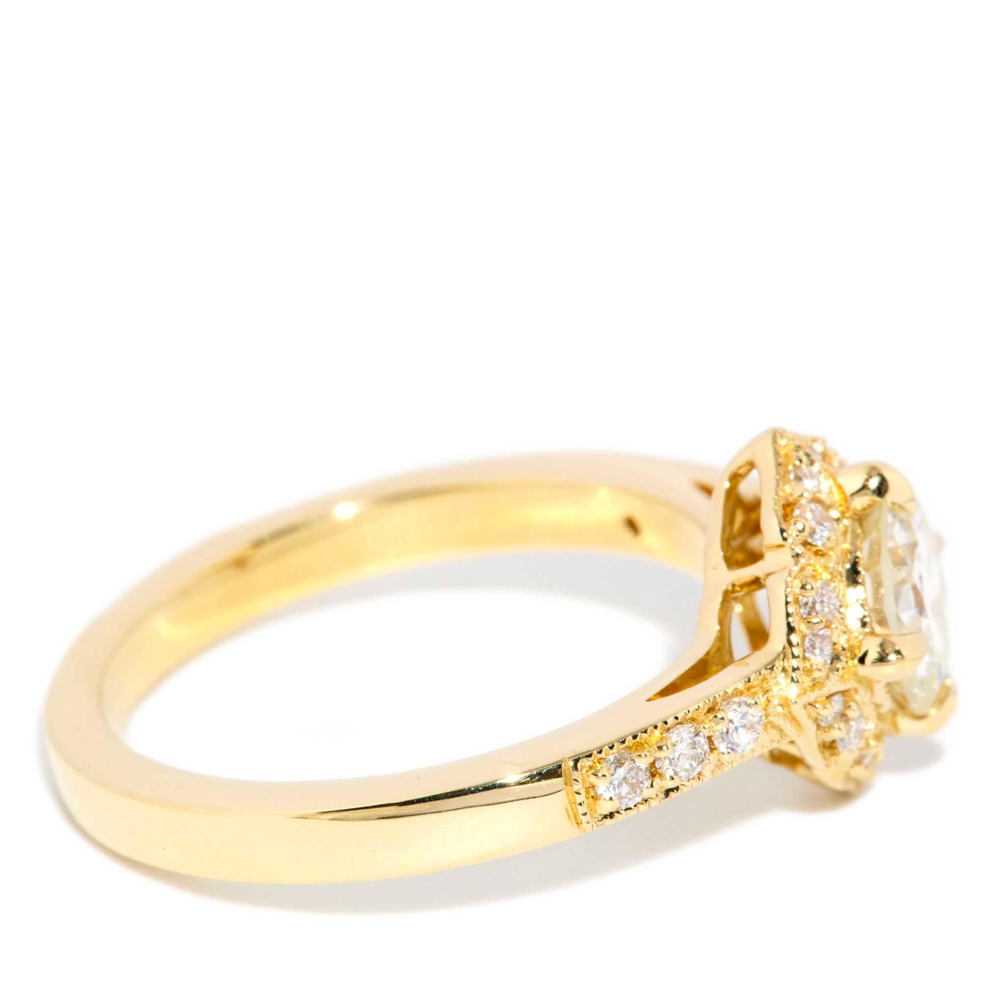 Contemporary 1.07ct Diamond Cushion Shaped Halo Ring 18 Carat Yellow Gold For Sale 10