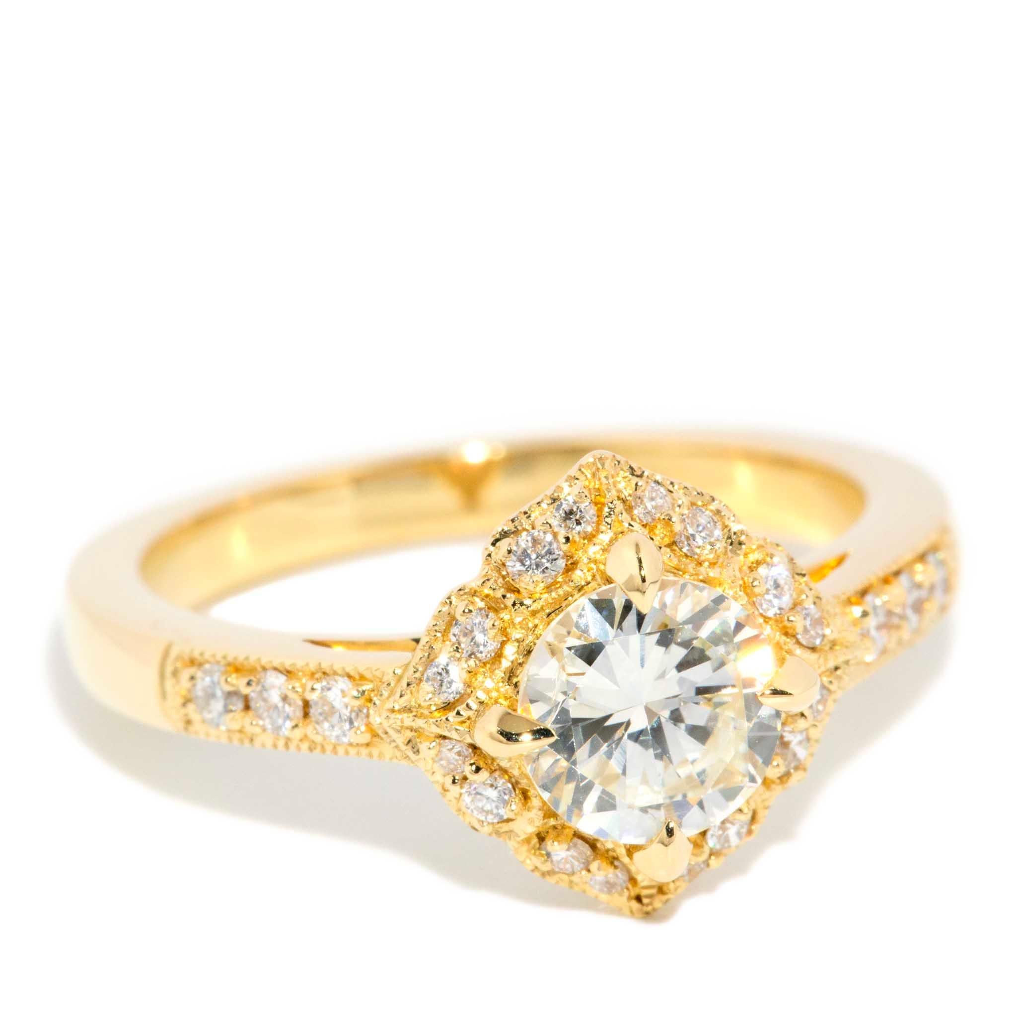 Round Cut Contemporary 1.07ct Diamond Cushion Shaped Halo Ring 18 Carat Yellow Gold For Sale