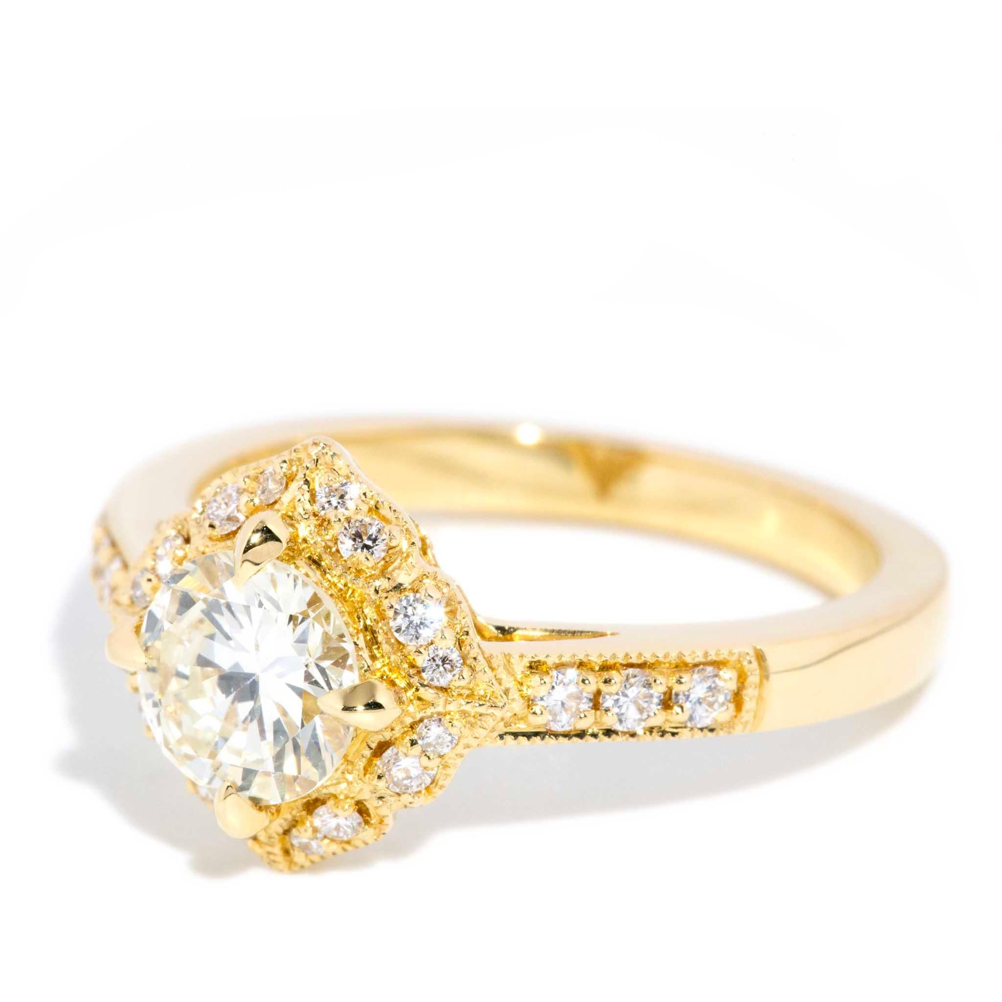 Women's Contemporary 1.07ct Diamond Cushion Shaped Halo Ring 18 Carat Yellow Gold For Sale