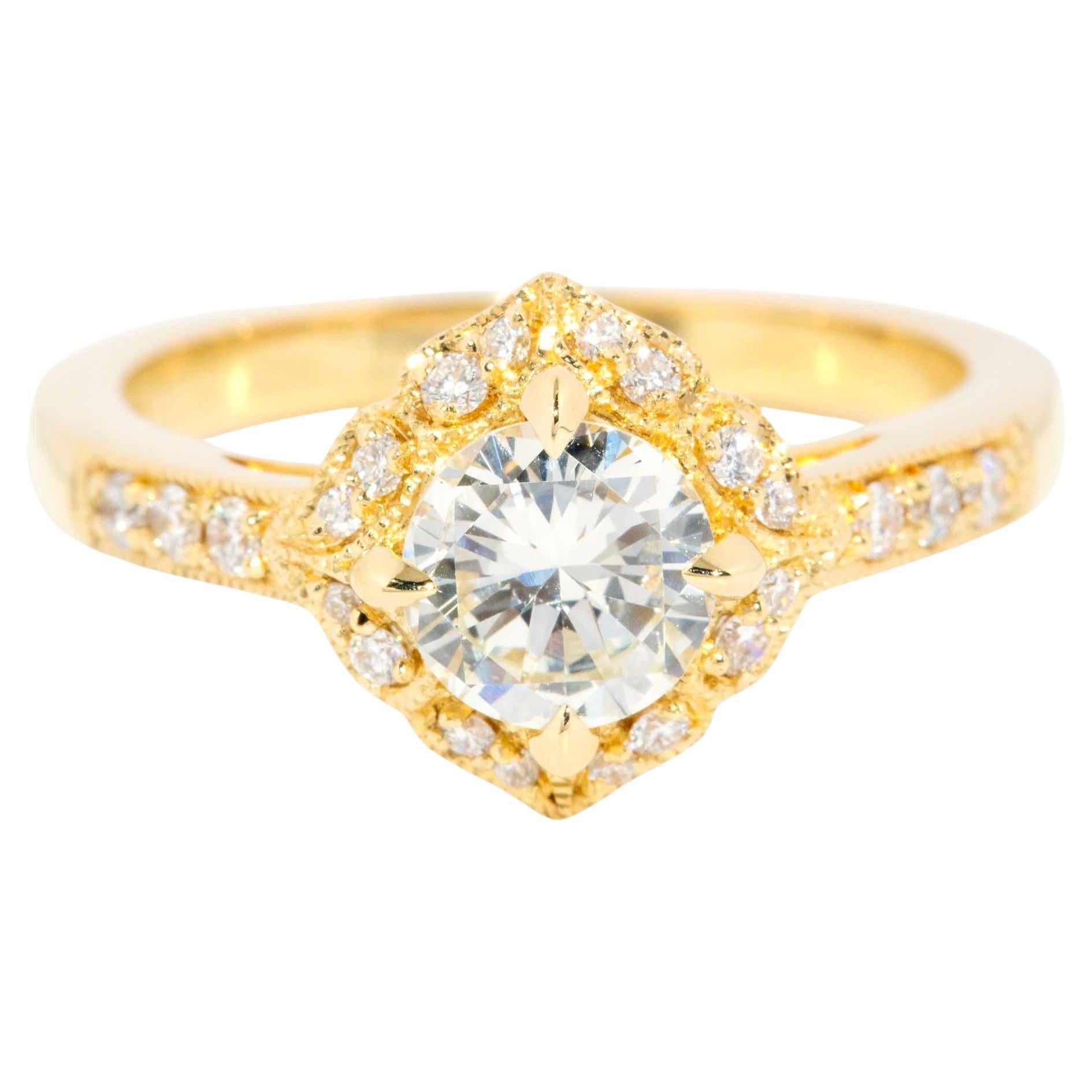 Contemporary 1.07ct Diamond Cushion Shaped Halo Ring 18 Carat Yellow Gold For Sale