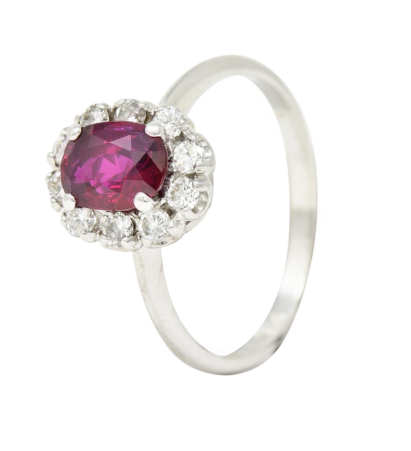 Contemporary 1.08 Carats Diamond 18 Karat White Gold Ruby Cluster Halo Ring For Sale 3