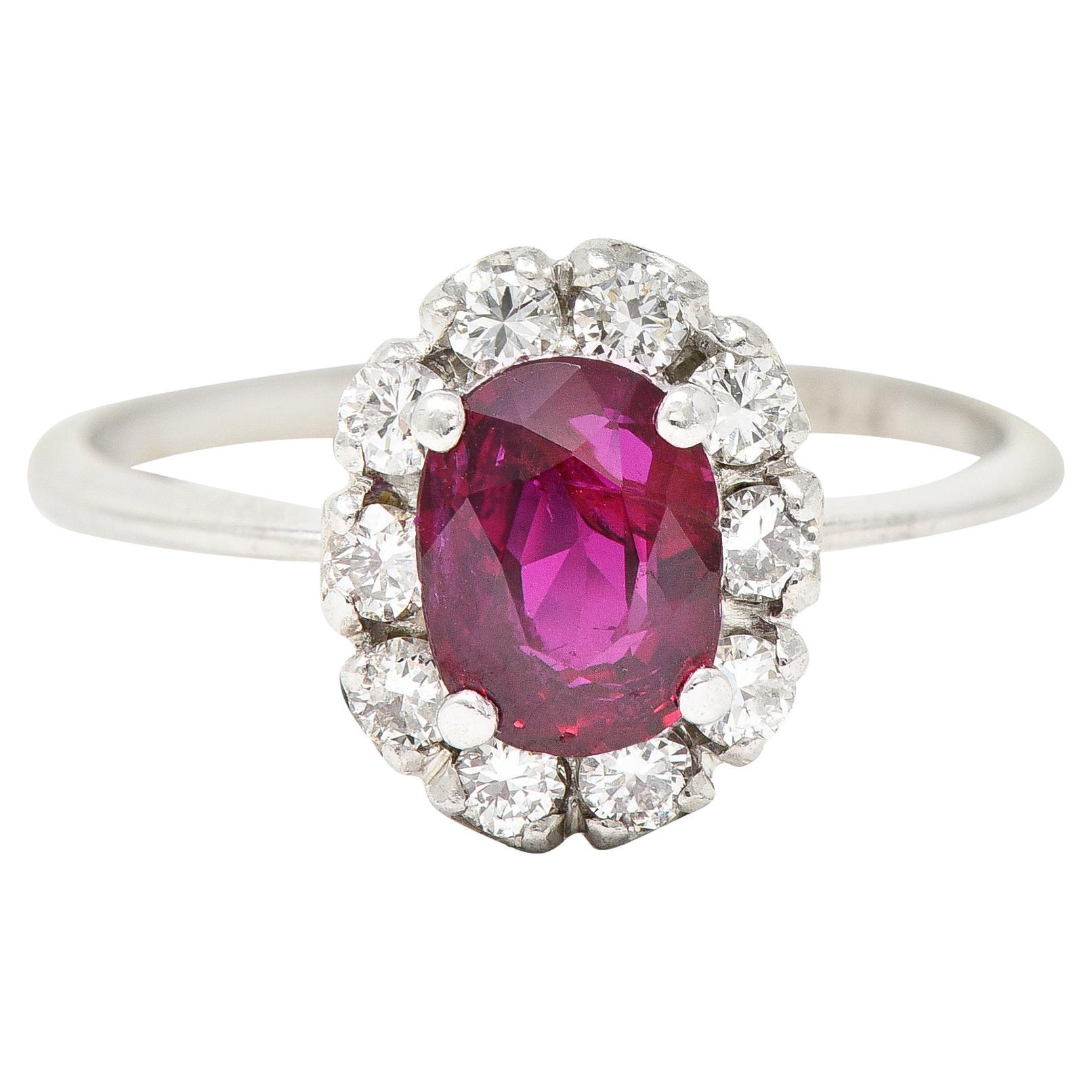Contemporary 1.08 Carats Diamond 18 Karat White Gold Ruby Cluster Halo Ring For Sale